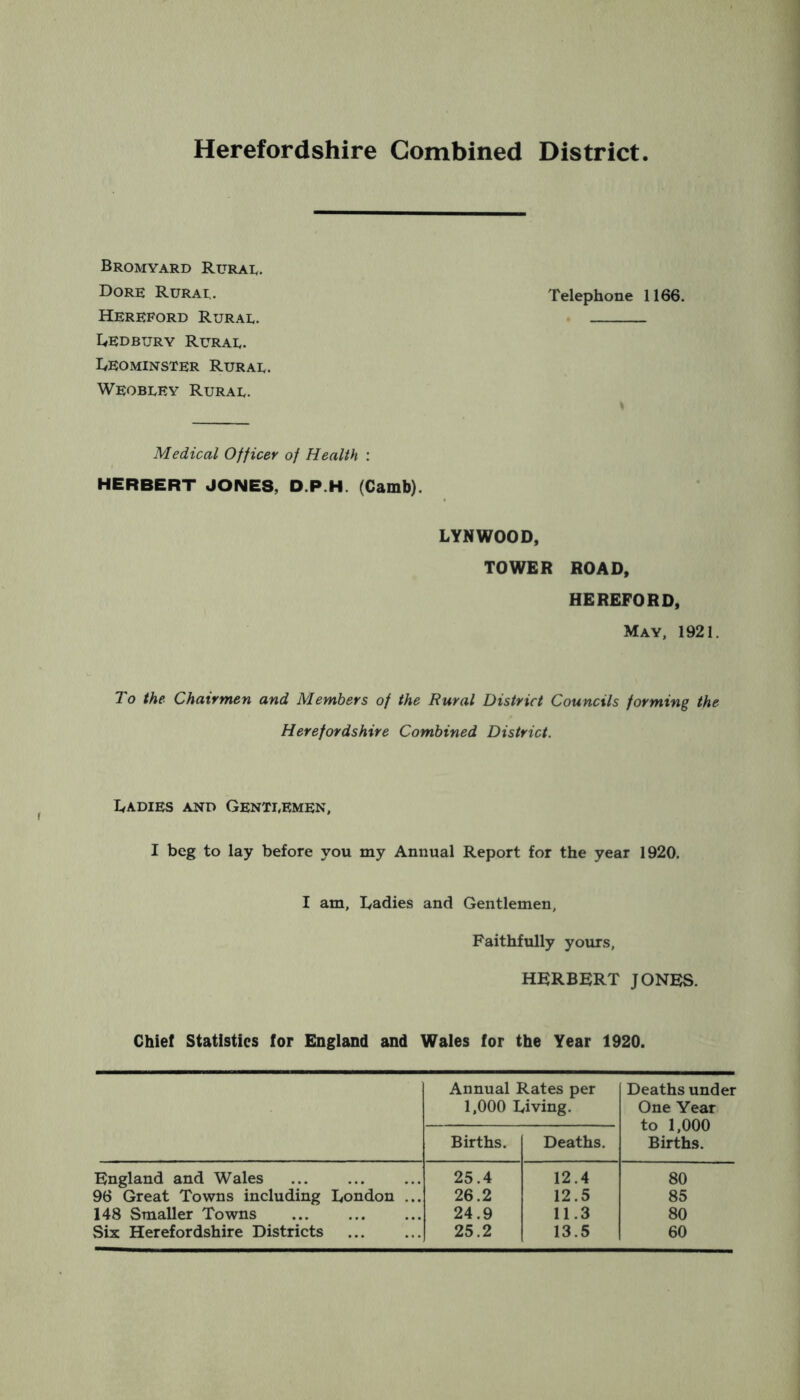 Herefordshire Combined District Bromyard Rurad. Dore Rurai,. Telephone 1166. Hereford Rurae. I^EDBURY Rurae. IvFOMINSTER Rurae. Weobeey Rurae. Medical Officer of Health : HERBERT JONES, D.P.H. (Camb). LYNWOOD, TOWER ROAD, HEREFORD, May, 1921. To the Chairmen and Members of the Rural District Councils forming the Herefordshire Combined District. Ladies and Genteemen, I beg to lay before you my Annual Report for the year 1920. I am. Ladies and Gentlemen, Faithfully yours, HERBERT JONES. Chief Statistics for England and Wales for the Year 1920. Annual Rates per 1,000 Living. Deaths under One Year to 1,000 Births. Births. Deaths. England and Wales 25.4 12.4 80 96 Great Towns including London ... 26.2 12.5 85 148 Smaller Towns 24.9 11.3 80 Six Herefordshire Districts 25.2 13.5 60