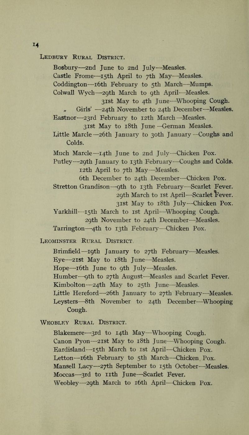 Bosbury—2nd June to 2nd July—^Measles. Castle Frome^—^I5th April to 7th May—^Measles. Coddington—i6tli February to 5th March—^Mumps. Colwall Wych—29th March to 9th April-—^Measles. 31st May to 4th June—Whooping Cough. „ Girls’ —24th November to 24th December—^Measles. Bastnor—23rd February to 12th March—^Measles. 31st May to i8th June —German Measles. Little Marcle—26th January to 30th January—Coughs and Colds. Much Marcle—14th June to 2nd July—Chicken Pox. Putley—29th January to 13th February-—Coughs and Colds. 12th April to 7th May—^Measles. 6th December to 24th December—Chicken Pox. Stretton Grandison—9th to 13th February—Scarlet Fever. 29th March to ist April^—Scarlet Vever. 31st May to i8th July—Chicken Pox. Yarkhill—15th March to ist April—^Whooping Cough. 29th November to 24th December—^Measles. Tarrington—^4th to 13th Februar>^—Chicken Pox. Leominster Rural District Brimfield—19th January to 27th February—^Measles. Eye—2ist May to i8th June—^Measles. Hope—i6th June to 9th July—^Measles. Humber—9th to 27th August—^Measles and Scarlet Fever. Kimbolton—24th May to 25th June—^Measles. Little Hereford—26th January to 27th February—^Measles. Leysters—8th November to 24th December—^Whooping Cough. Weobley Rural District. Blakemere—3rd to 14th May—^Whooping Cough. Canon Pyon—21st May to i8th June—W^hooping Cough. Eardisland—15th March to ist April—Chicken Pox. Letton—i6th February to 5th March—Chicken Pox. Mansell Lacy—27th September to 15th October—^Measles. Moccas—^3rd to nth June—Scarlet Fever. Weobley—29th March to i6th April-—Chicken Pox.
