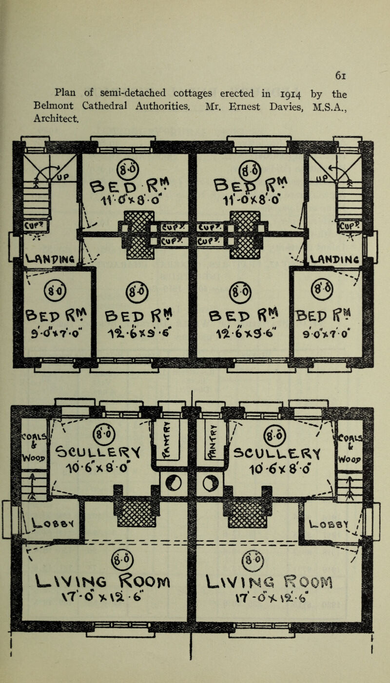 Plan of semi-detached cottages erected in 1914 by the Belmont Cathedral Authorities. Mr. Ernest Davies, M.S.A., Architect. Uw\H6 ^oom \7‘*o >.\5i. e Lwma Room \7'-dV