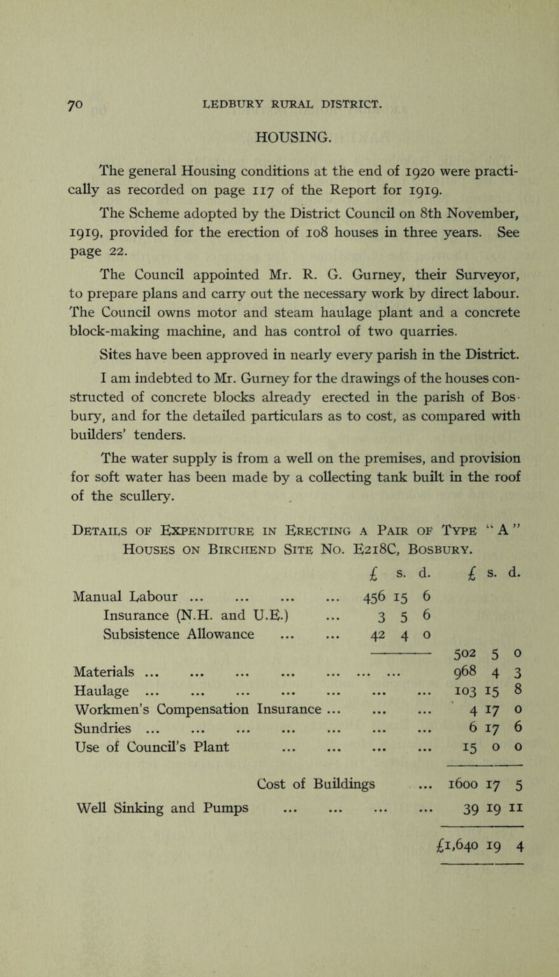 HOUSING. The general Housing conditions at the end of 1920 were practi- cally as recorded on page 117 of the Report for 1919. The Scheme adopted by the District Council on 8th November, 1919, provided for the erection of 108 houses in three years. See page 22. The Council appointed Mr. R. G. Gurney, their Surveyor, to prepare plans and carry out the necessary work by direct labour. The Council owns motor and steam haulage plant and a concrete block-making machine, and has control of two quarries. Sites have been approved in nearly every parish in the District. I am indebted to Mr. Gurney for the drawings of the houses con- structed of concrete blocks already erected in the parish of Bos- bury, and for the detailed particulars as to cost, as compared with builders’ tenders. The water supply is from a well on the premises, and provision for soft water has been made by a collecting tank built in the roof of the scullery. Details of Expenditure in Erecting a Pair OF Type ‘‘A” Houses on Birciiend Site No. E218C, Bosbury. £ s. d. £ s. d. Manual Labour ... ... 456 15 6 Insurance (N.H. and U.E.) ... 35 6 Subsistence Allowance 42 4 0 502 5 0 Materials 968 4 3 Haulage ... ... 103 15 8 Workmen’s Compensation Insurance ... 4 17 0 Sundries ... 6 17 6 Use of Council’s Plant ... 15 0 0 Cost of Buildings ... 1600 17 5 Well Sinking and Pumps ... 39 19 II £1,64019 4 Well Sinking and Pumps