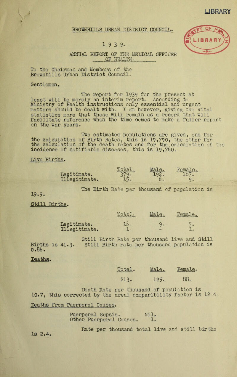 UBRARY / BROMHILLS URBAN DISIIIICT OOUNOIL. 1 9 3 9o ANNUAL REPORT OE THE IIIBDICAL OEEIGER OE HEALTH0 To the Chairman and Members of the Brownhiils Urban District Counoilo Gentlemen, The report for 1939 £‘or the present at least will be merely an interim reporto According to Ministry of Health instructions only essential and urgent matters should be dealt witho I am however, giving the vital statistics more that these will remain as a record that will facilitate reference when the time comes to make a fuller report on the war yearso Two estimated populations are given, one for the calculation of Birth Rates, this is 19,790, the other for the calculation of the death rates and for the calculation of fne incidence of notifiable diseases, this is 19,7600 Live Births. 19.9. Legitimate. Illegitimate. Totalo Mai So EemaJ^eo 379; “192, IB?. J.^a 60 9° The Birth Rate per thousand of population is Still Births. Mal0o Legitimate. 160 9'’ Illegitimate. Ic Still Birth Rate per thousand live ajad Still Births is 41.3- Still Birth rate per thousand population is 0.86. Eemaleo ( ® 4- 0 Deaths. Total. Male. Eemaleo 213. 125. 880 Death Rate per thousand of population is 10.7? this corrected by the areal oomparibility factor is l?r4o Deaths from Puerperal Causes. Puerperal Sepsiso Nil. Other Puerperal Causes. 1. Rate per thousand total live ann still births is 2.4.