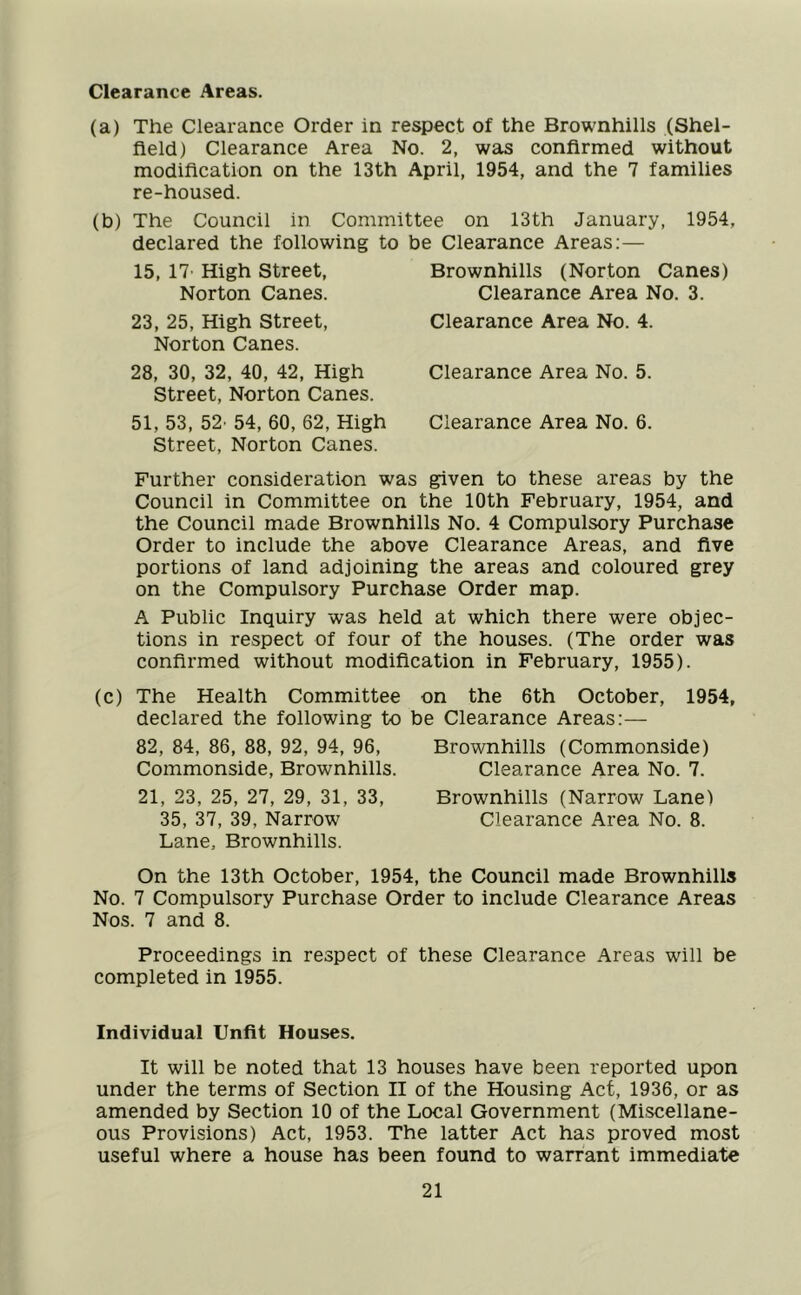 Clearance Areas. (a) The Clearance Order in respect of the Brownhills (Shel- field) Clearance Area No. 2, was confirmed without modification on the 13th April, 1954, and the 7 families re-housed. (b) The Council in Committee on 13th January, 1954, declared the following to be Clearance Areas:— 15, 17 High Street, Brownhills (Norton Canes) Norton Canes. Clearance Area No. 3. 23, 25, High Street, Clearance Area No. 4. Norton Canes. 28, 30, 32, 40, 42, High Clearance Area No. 5. Street, Norton Canes. 51, 53, 52' 54, 60, 62, High Clearance Area No. 6. Street, Norton Canes. Further consideration was given to these areas by the Council in Committee on the 10th February, 1954, and the Council made Brownhills No. 4 Compulsory Purchase Order to include the above Clearance Areas, and five portions of land adjoining the areas and coloured grey on the Compulsory Purchase Order map. A Public Inquiry was held at which there were objec- tions in respect of four of the houses. (The order was confirmed without modification in February, 1955). (c) The Health Committee on the 6th October, 1954, declared the following to be Clearance Areas:— 82, 84, 86, 88, 92, 94, 96, Commonside, Brownhills 21, 23, 25, 27, 29, 31, 33, 35, 37, 39, Narrow Lane, Brownhills. Brownhills (Commonside) Clearance Area No. 7. Brownhills (Narrow Lane) Clearance Area No. 8. On the 13th October, 1954, the Council made Brownhills No. 7 Compulsory Purchase Order to include Clearance Areas Nos. 7 and 8. Proceedings in respect of these Clearance Areas will be completed in 1955. Individual Unfit Houses. It will be noted that 13 houses have been reported upon under the terms of Section II of the Housing Act, 1936, or as amended by Section 10 of the Local Government (Miscellane- ous Provisions) Act, 1953. The latter Act has proved most useful where a house has been found to warrant immediate