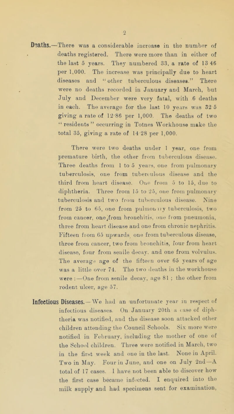 9 Dsaths.—There was a considerable increase in the number of deaths registered. There were more than in either of the last 5 years. They numbered 33, a rate of 13 46 per 1,000. The increase was principally due to heart diseases and ‘'other tuberculous diseases.” There were no deaths recorded in January and March, but July and December were very fatal, with 6 deaths in each. The average for the last 10 ye.irs was 32 5 giving a rate of 12-86 per 1,000, The deaths of two ‘‘ residents” occurring in Totnes Workhouse make the total 33, giving a rate of 14 28 per 1,000. There w’ere two deaths under 1 year, one from premature birth, the other from tuberculous disease. Three deaths from 1 to 5 years, one from pulmonary tuberculosis, one from tuberculous disease and the third from heart disease. One from 3 to 13, due to diphtheria. Three from 15 to 23, one from jculmonary tuberculosis and two from tubcjrculous disease. Nine from 23 to 63, one from puliiion iiy tuberculosis, two from cancer, one^from bronchitis, one fiom pneumonia, three from heart disease and one from chronic nephritis. Fifteen fiom 63 upwards one from tuberculous disease, three from cancer, two from bronchitis, four from heart disease, four from senile dc<cay. and one from volvulus. The aveiagr) age of the fifteen over 63 years of age was a little over 74. The two deaths in the workhouse were :—One from senile decay, age 81 ; the other from rodent ulcer, age 57. Infectious Diseases. — We had an unfortunate year in respect of infectious diseases. On January 20th a < use of diph- theria was notified, and the disease soon attacked other children attending the Council Schools. Six more were notified in February, including the mother of one of the School children. Three were notified in March, two in the first week and one in the last. None in April. Two in May. Four in June, and one on Julj' 2ud—A total of 17 cases. 1 have not been able to discover how the first case became infocted. I enquired into the milk supply and had specimens sent for examination.