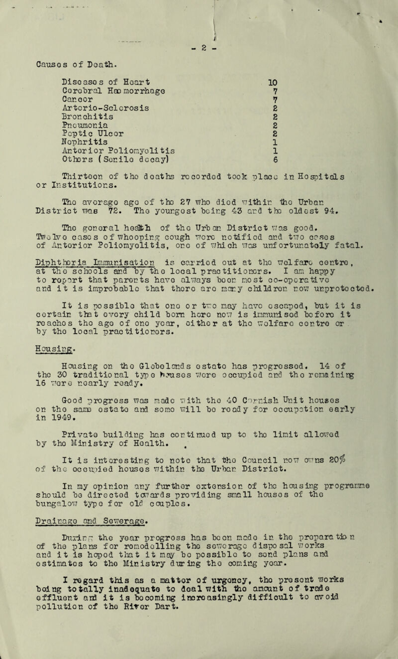 4 i - 2 - Causes of Death. Disoasos of Heart 10 Corohral Heo morrhage 7 Car. cor 7 Artcrio-Sclcrosis 2 Bronchitis 2 PncTJunonia 2 Peptic Ulcer 2 Nephritis 1 Anterior Poliomyelitis 1 Others (Senile decay) 6 Thirteen of the deaths recorded took place in Hospitals or Institutions. The aYorago ago of the 27 who died within 1ho Urban District was 72. The youngest being 43 and the oldest 94. The gonoral health of the Urban District was good. IVJelvo cases of whooping cough wore notified and two cases of Anterior Poliomyoiitis, one of which was unjfortunatoly fatal. Diphtheria Immunisation is carried out at the welfare centre, at the schools an.d by the local practitioners. I am happy to report that parents have always boon most go-ope native and it is improbable that there are many cMldron now unprotected. It is possible that one or two may have escaped, but it is certain that every child bom hero novj is immunised before it reaches the ago of one year, either at the welfare centre or. by the local practitioners. Housing. Housing on tho Globolands ostate has progrossod. 14 of tho 30 traditional typo houses wore oocupied and tho renainit^ 16 v'ore nearly ready. Good progress was made with tho 40 Cornish Unit houses on tho same estate and some will bo ready for occupation early in 1949, Private building has continued up to tho limit allowed by tho Ministry of Health. It is interesting to note that tho Council now o\ons 20^ of the occupied houses within the Urban District. In my opinion any further estension of tho housing programme should be directed tabards providing small houses of the bungalow typo for old couples. Drainag:o and Sewerage. During tho year progress has been made in the propara tjb. n of the remodelling tho seworogc disposal works and it is hoped tMt it mqy bo possible to send plans and estimates to tho Ministry during tho coming year. I regard this as a matter of urgency, tho present works being totally inadequate to deal with the amount of trade effluent and it is becoming inoroaslngly difficult to avoid pollution of tho Rifor Dart.