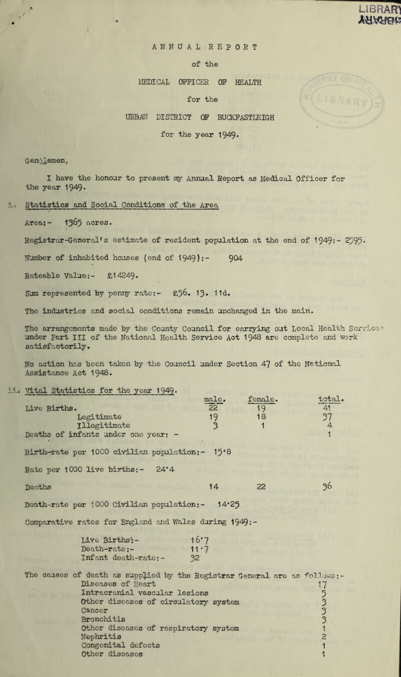 LlBRAm ANNUAL REPORT of the IIEDIGAL OFFICER OF HEALTH for the URBAN DISTRICT OF BUCKFASTLEIGH for the year 1949* Gen-.'jl.emen, I have the honour to present ny Annual Report as Medical Officer for the year 1949* Statistics and Social Conditions of the Area Area;- 13^5 acres. Registrar-General* s estimate of resident population at the end of 1949:- 2995'’ Number of inhabited houses (end of 1949):- 9^4 Rateable Value;- £l4249• Sum represented by penny rate:- £56. 11d. Tho industries and social conditions remain unchanged in the main. The orrangemonts made by tho County Council for carrying out Local Health Servicet under Port III of the National Health Service Act 1948 are complete and vrork satisfactorily. No action has been taken by the Council under Section 47 of the National Assistance Act 1948. Vital Statistics for the year 1949,» male. female. Live Births. 22 19 Legitimate 19 18 Illegitimate 3 I Deaths of infants under one year; - Birth-rate por 10C0 civilian population;- 15*8 Rato per 1CXD0 live births:- 24*4 Deaths 14 22 Death-rate per 1000 Civilian population;- 14*25 Comparative rates for England and V/ales during 1949:- Live Births;- 16*7 Death-rate;- 11*7 Infant death-rate;- 32 total. 41 37 4 1 36 The causes of death as euppTi.od by the Registrar General are as •Pollovrs: - Disoasos of Heart *~] Intracranial vascular lesions 5 Other diseases of circulatory system 3 Cancer 3 Bronchitis 3 Other diseases of respiratory system 1 Nephritis 2 Congenital defects 1