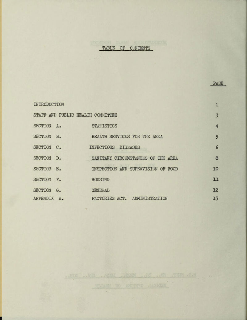 TABLE OF CONTENTS INTRODUCTION STAFF AND PUBLIC SECTION A. SECTION B. SECTION C. SECTION D. SECTION E. SECTION F, SECTION G. APPENDIX A. PAGE 1 HEALTH COMl'^IITTEE 3 STATISTICS 4 HEALTH SERVICES FOR THE AREA 5 INFECTIOUS DISEASES 6 SANITARY CIRCUMSTANCES OF THE AREA 8 INSPECTION AND SUPERVISION OF FOOD 10 HOUSING 11 GENEiiAL 12 FACTORIES ACT. ADMINISTRATION 15