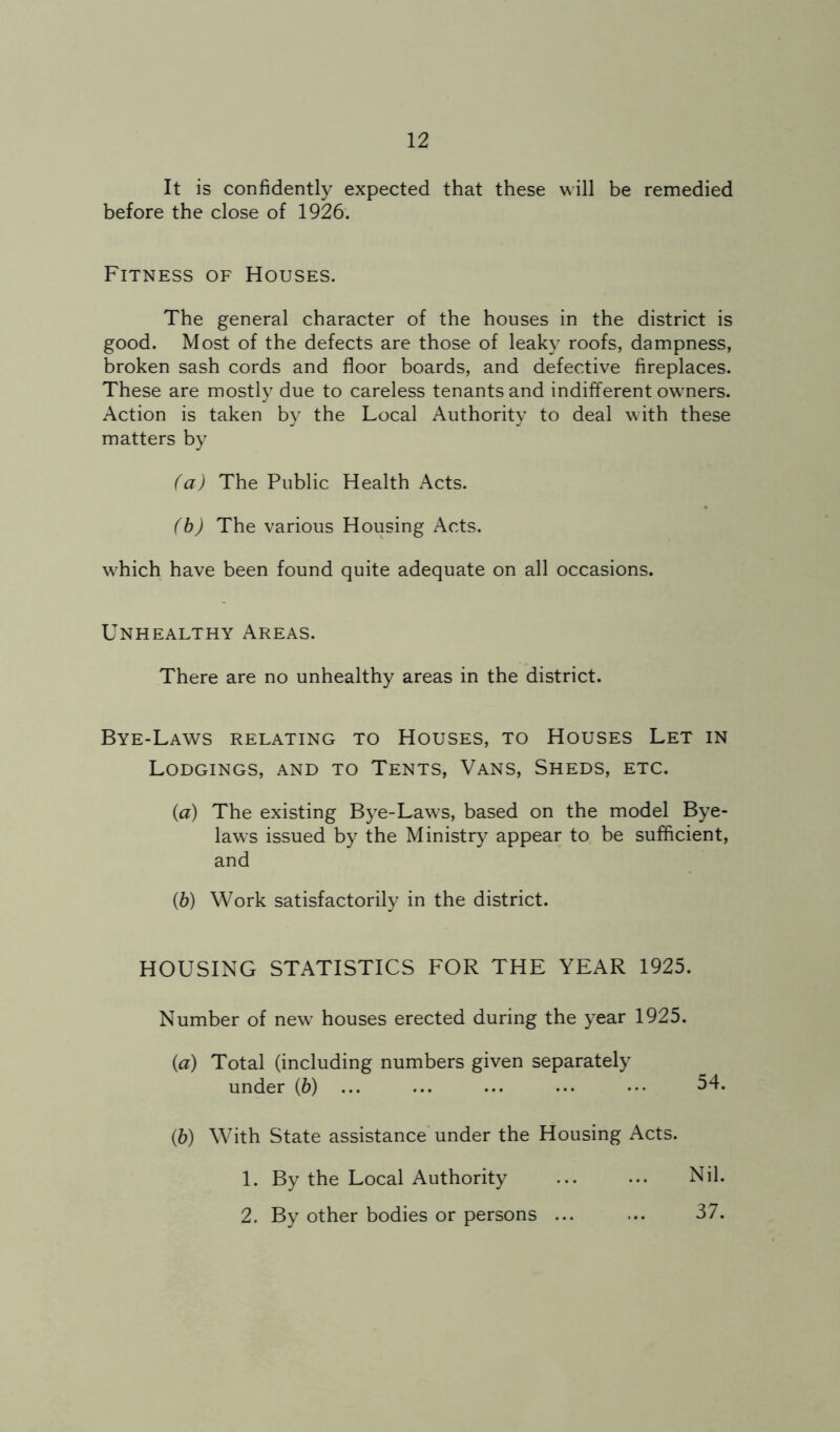 It is confidently expected that these will be remedied before the close of 1926. Fitness of Houses. The general character of the houses in the district is good. Most of the defects are those of leaky roofs, dampness, broken sash cords and floor boards, and defective fireplaces. These are mostly due to careless tenants and indifferent owners. Action is taken by the Local Authority to deal with these matters by fa) The Public Health Acts. fbj The various Housing Acts, which have been found quite adequate on all occasions. Unhealthy Areas. There are no unhealthy areas in the district. Bye-Laws relating to Houses, to Houses Let in Lodgings, and to Tents, Vans, Sheds, etc. (а) The existing Bye-Laws, based on the model Bye- laws issued by the Ministry appear to be sufficient, and (б) Work satisfactorily in the district. HOUSING STATISTICS FOR THE YEAR 1925. Number of new houses erected during the year 1925. (a) Total (including numbers given separately under (6) ... ... ... ... ••• 54. (b) With State assistance'under the Housing Acts. 1. By the Local Authority ... ... Nil. 2. By other bodies or persons ... ... 37.
