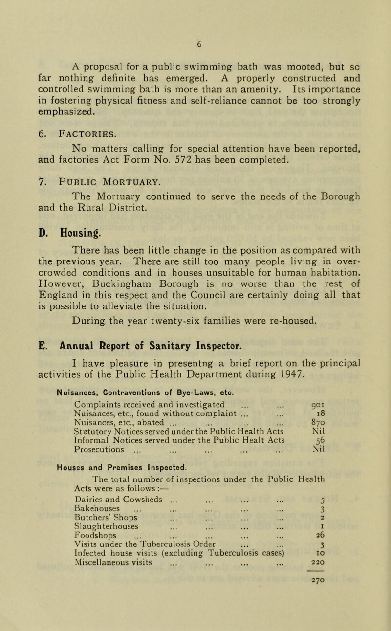 A proposal for a public swimming bath was mooted, but sc far nothing definite has emerged. A properly constructed and controlled swimming bath is more than an amenity. Its importance in fostering physical fitness and self-reliance cannot be too strongly emphasized. 6. Factories. No matters calling for special attention have been reported, and factories Act Form No. 572 has been completed. 7. Public Mortuary. The Mortuary continued to serve the needs of the Borough and the Rural District. D. Housing. There has been little change in the position as compared with the previous year. There are still too many people living in over- crowded conditions and in houses unsuitable for human habitation. However, Buckingham Borough is no worse than the rest of England in this respect and the Council are certainly doing all that is possible to alleviate the situation. During the year twenty-six families were re-housed. E. Annual Report of Sanitary Inspector. I have pleasure in presentng a brief report on the principal activities of the Public Health Department during 1947. Nuisances, Contraventions of Bye-Laws, etc. Complaints received and investigated go I Nuisances, etc., found without complaint ... 18 Nuisances, etc., abated ... 870 Statutory Notices served under the Public Health Acts Nil Informal Notices served under the Public Healt Acts 56 Prosecutions Nil Houses and Premises Inspected. The total number of inspections under the Public Health Acts were as follows :— Dairies and Cowsheds .. 5 Bakehouses .3 Butchers’ Shops 2 Slaughterhouses I Foodshops 26 Visits under the Tuberculosis Order 3 Infected house visits (excluding 'I'uberculosis cases) 10 ■Miscellaneous visits 220 270