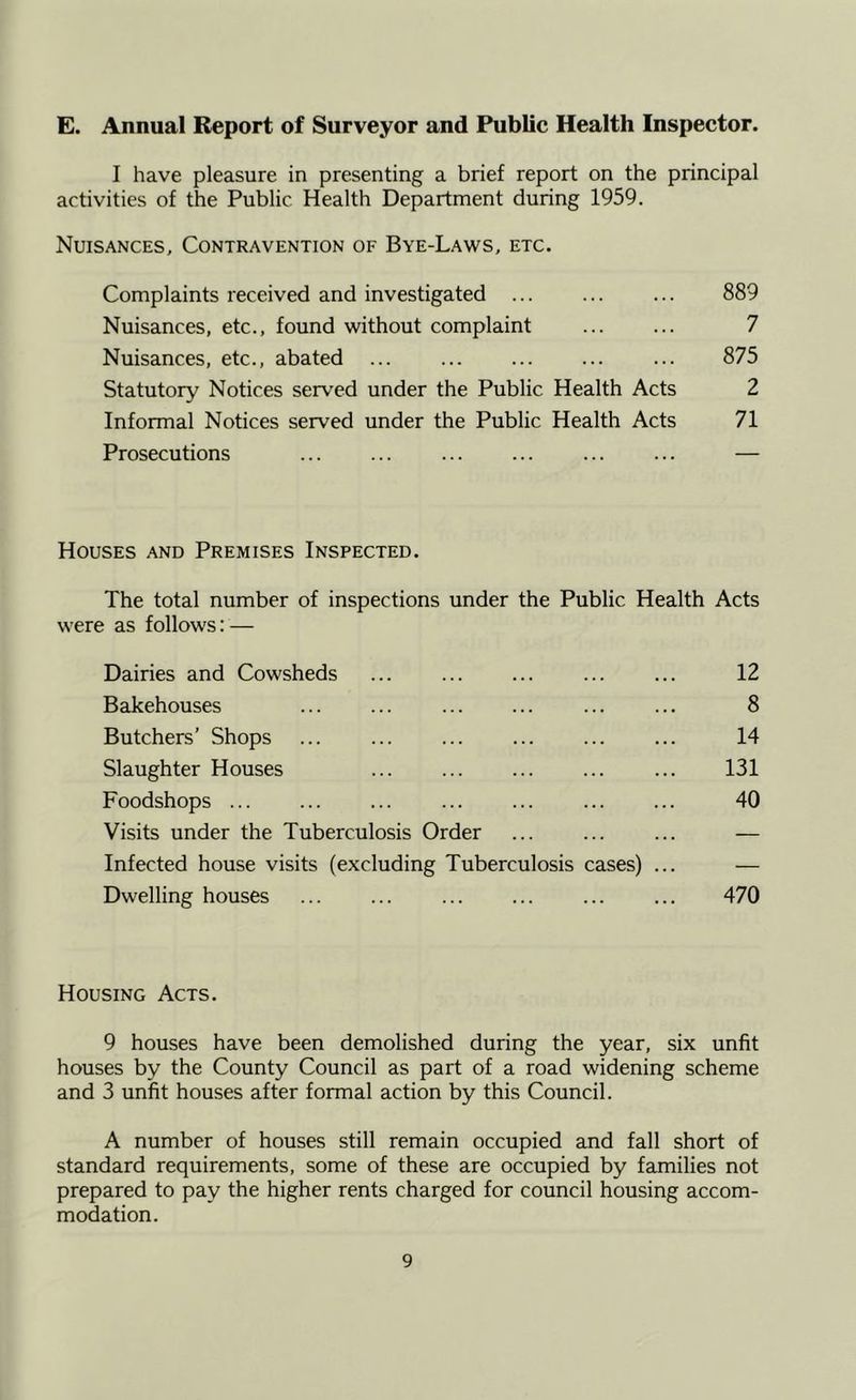 E. Annual Report of Surveyor and Public Health Inspector. I have pleasure in presenting a brief report on the principal activities of the Public Health Department during 1959. Nuisances, Contravention of Bye-Laws, etc. Complaints received and investigated ... 889 Nuisances, etc., found without complaint 7 Nuisances, etc., abated ... ... 875 Statutory Notices served under the Public Health Acts 2 Informal Notices served under the Public Health Acts 71 Prosecutions — Houses and Premises Inspected. The total number of inspections under the Public Health Acts were as follows; — Dairies and Cowsheds ... 12 Bakehouses ... ... 8 Butchers’ Shops ... ... ... ... ... ... 14 Slaughter Houses ... ... ... 131 Foodshops 40 Visits under the Tuberculosis Order ... ... ... — Infected house visits (excluding Tuberculosis cases) ... — Dwelling houses ... ... ... ... 470 Housing Acts. 9 houses have been demolished during the year, six unfit houses by the County Council as part of a road widening scheme and 3 unfit houses after formal action by this Council. A number of houses still remain occupied and fall short of standard requirements, some of these are occupied by families not prepared to pay the higher rents charged for council housing accom- modation.