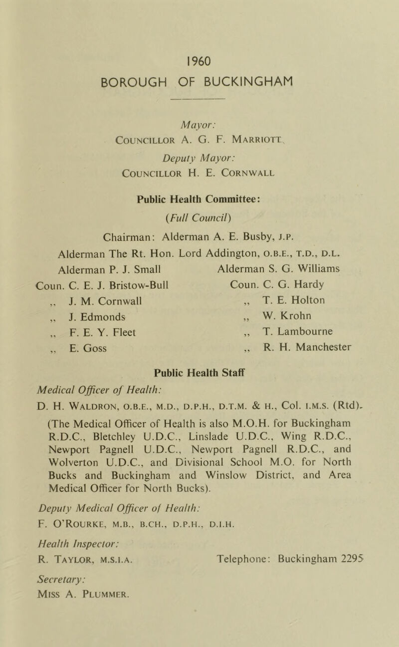 I960 BOROUGH OF BUCKINGHAM Mayor: Councillor A. G. F. Marriott Deputy Mayor: Councillor H. E. Cornwall Public Health Committee: {Full Council) Chairman: Alderman A. E. Busby, j.p. Alderman The Rt. Hon. Lord Addington, o.b.e., t.d., d.l. Alderman P. J. Small Coun. C. E. J. Bristow-Bull ,, J. M. Cornwall „ J. Edmonds „ F. E. Y. Fleet „ E. Goss Alderman S. G. Williams Coun. C. G. Hardy „ T. E. Holton ,, W. Krohn ,, T. Lambourne ,, R. H. Manchester Public Health Staff Medical Officer of Health: D. H. Waldron, o.b.e., m.d., d.p.h., d.t.m. & h.. Col. i.m.s. (Rtd). (The Medical Officer of Health is also M.O.H. for Buckingham R.D.C., Bletchley U.D.C., Linslade U.D.C., Wing R.D.C., Newport Pagnell U.D.C., Newport Pagnell R.D.C., and Wolverton U.D.C., and Divisional School M.O. for North Bucks and Buckingham and Winslow District, and Area Medical Officer for North Bucks). Deputy Medical Officer of Health: F. O’Rourke, m.b., b.ch., d.p.h., d.i.h. Health Inspector: R. Taylor, m.s.i.a. Telephone: Buckingham 2295 Secretary: Miss A. Plummer.
