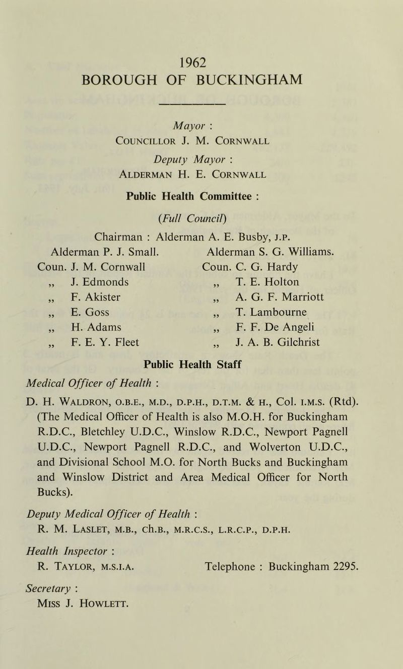 1962 BOROUGH OF BUCKINGHAM Mayor : Councillor J. M. Cornwall Deputy Mayor : Alderman H. E. Cornwall Public Health Committee : (Full Council) Chairman : Alderman A. E. Busby, j.p. Alderman P. J. Small. Coun. J. M. Cornwall „ J. Edmonds „ F. Akister „ E. Goss „ H. Adams „ F. E. Y. Fleet Alderman S. G. Williams. Coun. C. G. Hardy „ T. E. Holton „ A. G. F. Marriott „ T. Lambourne „ F. F. De Angeli „ J. A. B. Gilchrist Public Health Staff Medical Officer of Health : D. H. Waldron, o.b.e., m.d., d.p.h., d.t.m. & h., Col. i.m.s. (Rtd). (The Medical Officer of Health is also M.O.H. for Buckingham R.D.C., Bletchley U.D.C., Winslow R.D.C., Newport Pagnell U.D.C., Newport Pagnell R.D.C., and Wolverton U.D.C., and Divisional School M.O. for North Bucks and Buckingham and Winslow District and Area Medical Officer for North Bucks). Deputy Medical Officer of Health : R. M. LaSLET, M.B., Ch.B., M.R.C.S., L.R.C.P., D.P.H. Health Inspector : R. Taylor, m.s.i.a. Telephone : Buckingham 2295. Secretary : Miss J. Howlett.