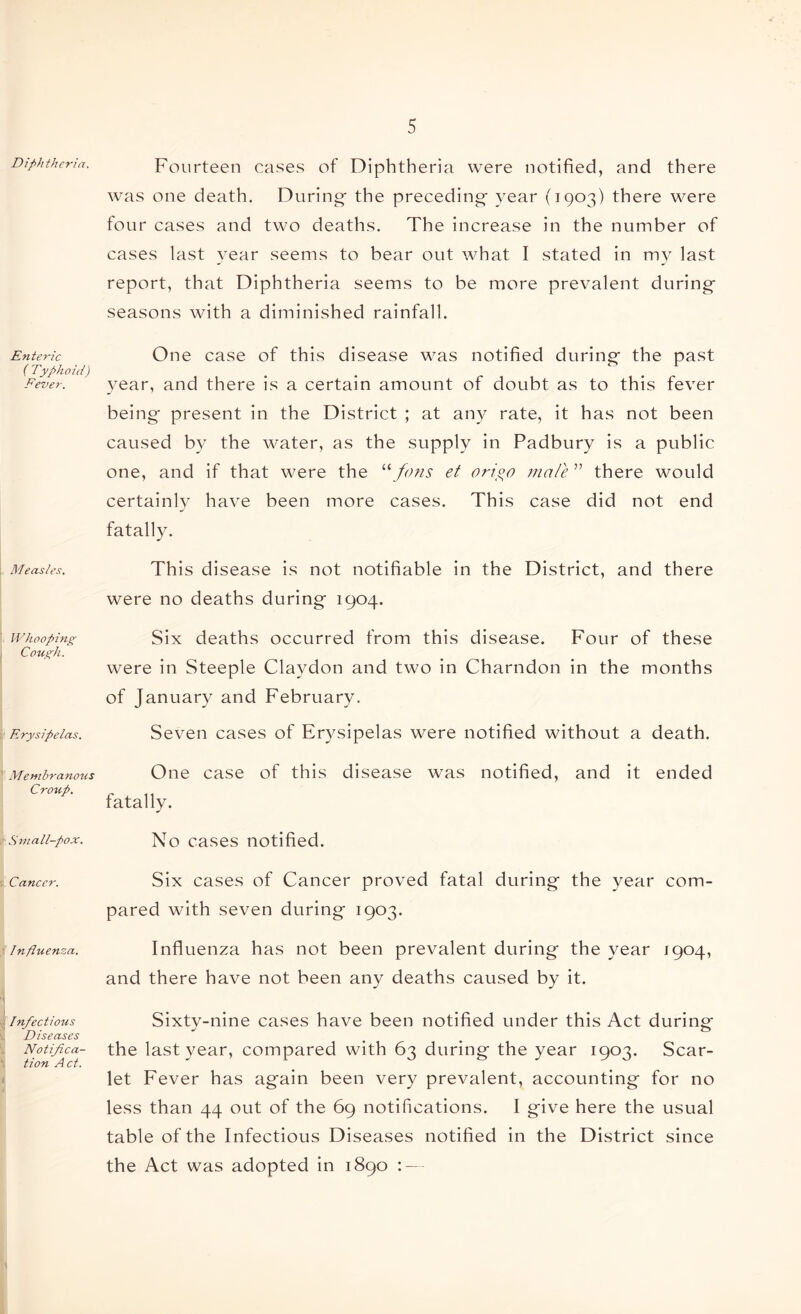 Diphtheria. Enteric ( Typhoid) Fever. Measles, Whooping I Cou^h. . Erysipelas. ' Membranous Croup. Small-pox. : Cancer. Influenza. ^ Infectious K Diseases Notifica- ‘ tion Act. Fourteen cases of Diphtheria were notified, and there was one death. During the preceding year (1903) there were four cases and two deaths. The increase in the number of cases last year seems to bear out what I stated in my last report, that Diphtheria seems to be more prevalent during seasons with a diminished rainfall. One case of this disease was notified during the past year, and there is a certain amount of doubt as to this fever being present in the District ; at any rate, it has not been caused by the water, as the supply in Padbury is a public one, and if that were the '‘'‘ fans et orioo male ” there would certainl}^ have been more cases. This case did not end fatally. This disease is not notifiable in the District, and there were no deaths during 1904. Six deaths occurred from this disease. Four of these were in Steeple Claydon and two in Charndon in the months of January and February. Seven cases of Erysipelas were notified without a death. One case of this disease was notified, and it ended fatally. No cases notified. Six cases of Cancer proved fatal during the year com- pared with seven during 1903. Influenza has not been prevalent during the year 1904, and there have not been any deaths caused by it. Sixty-nine cases have been notified under this Act during the last year, compared with 63 during the year 1903. Scar- let Fever has again been very prevalent, accounting for no less than 44 out of the 69 notifications. I give here the usual table of the Infectious Diseases notified in the District since the Act was adopted in 1890 : —