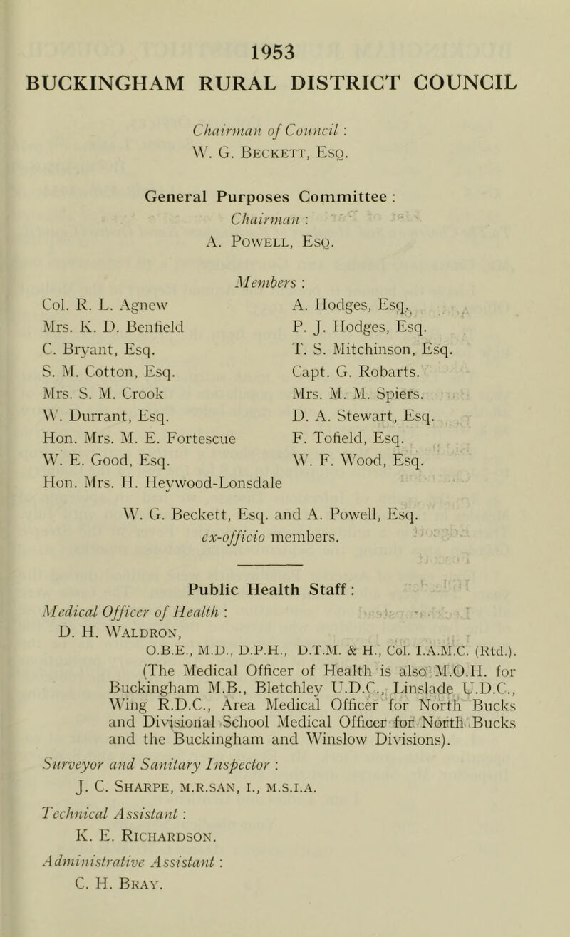 1953 BUCKINGHAM RURAL DISTRICT COUNCIL Chair)naii of Council ; W. G. Beckett, Esy. General Purposes Committee ; Chairman : A. Powell, Esy. Col. R. L. Agncw Mrs. K. D. Bcnlield C. Bryant, Esq. S. 1\I. Cotton, Esq. Mrs. S. M. Crook W. Durrant, Esq. Hon. Mrs. ]\I. E. Fortesciie W. E. Good, Esq. Hon. Mrs. H. Heywood-Lonsdale Members : A. Hodges, Esq,. P. J. Hodges, Esq. T. S. Mitchinson, Esq. Capt. G. Robarts. Mrs. M. Spiers. D. A. Stewart, Esq. F. Tofield, Esq. W’. F. W'ood, Esq. W. G. Beckett, Esq. and A. Powell, Esq. ex-officio members. Public Health Staff: Medical Officer of Health ■. D. H. Waldron, O.B.E., AI.D.. D.P.H., D.T.M. & H,, Col. I.A.M.C. (Rid.). (The Medical Officer of Health is also M.O.H. for Buckingham IM.B., Bletchley U.D.C., Linsjade U.D.C., Wing R.D.C., Area Medical Officer for North Bucks and Diifisional School Medical Officer for Nortli iBucks and the Buckingham and Winslow Diifisions). Surveyor and Sanitary Inspector : J. C. Sharpe, m.r.san, i., m.s.i.a. Technical Assistant ; K. E. Richardson. Administrative Assistant: C. H. Bray.