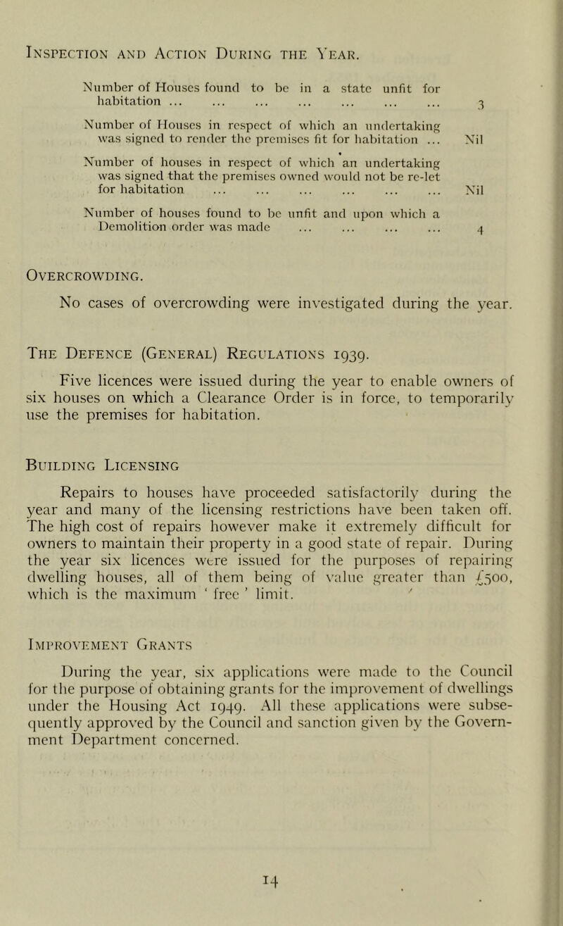 Inspection and Action During the Year. Number of Houses found to be in a state unfit for habitation ... ... ... ... ... ... ... 3 Number of Houses in respect of which an undertaking was .signed to render the premises fit for habitation ... Nil Number of houses in respect of which an undertaking was signed that the premises owned would not be re-let for habitation ... ... ... ... ... ... Nil Number of houses found to be unfit and upon which a Demolition order was made ... ... ... ... .1 Overcrowding. No cases of overcrowding were inx’estigated during the year. The Defence (General) Regulations 1939. Five licences were issued during the year to enable owners of six houses on which a Clearance Order is in force, to temporarily use the premises for habitation. Building Licensing Repairs to houses have proceeded satisfactorily during the year and many of the licensing restrictions have been taken off. The high cost of repairs however make it extremely difficult for owners to maintain their property in a good state of repair. During the year six licences were issued for the purposes of repairing dwelling hoirses, all of them being of \-aluc greater than £300, which is the maximum ' free ’ limit. Improvement Grants During the year, six applications were made to the Council for the purpose of obtaining grants for the improvement of dwellings under the Housing Act 1949. All these applications were subse- (piently approved by the Council and sanction given by the Govern- ment Department concerned.