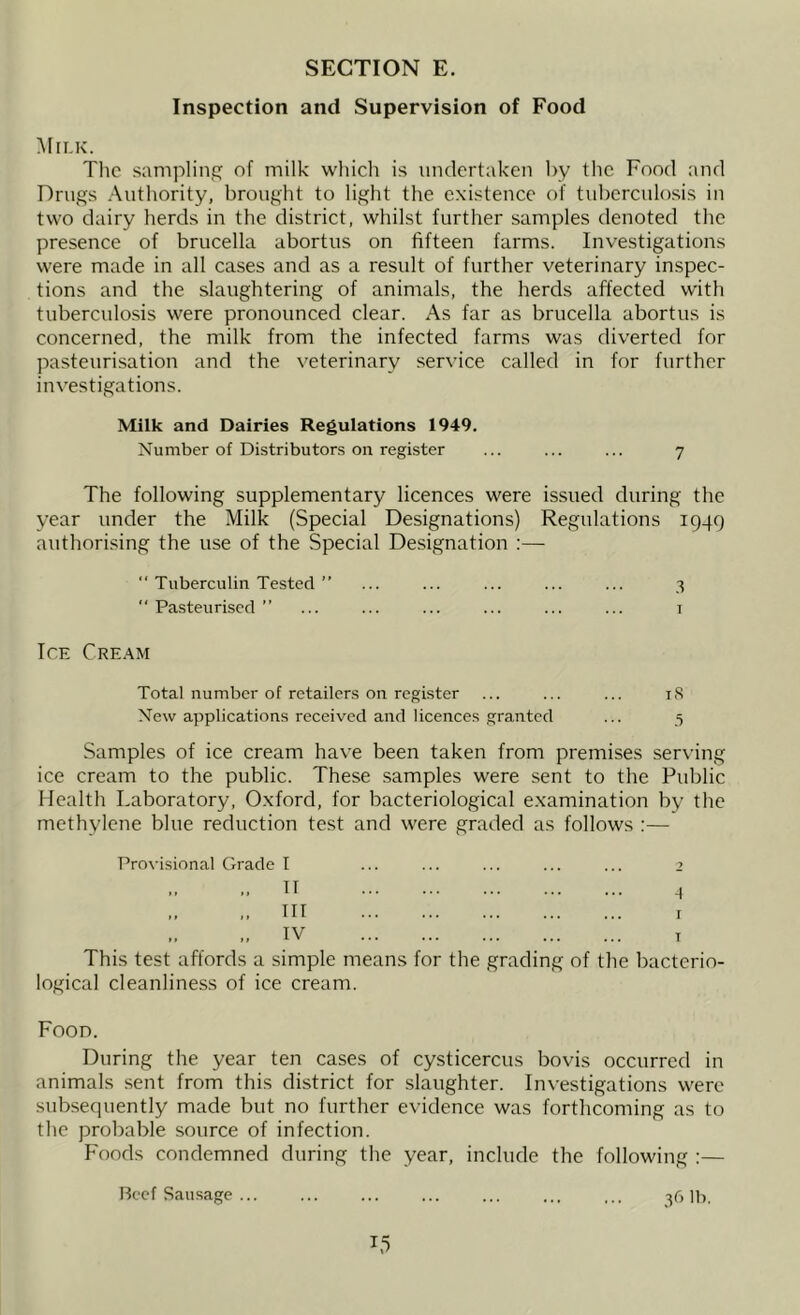 Inspection and Supervision of Food Milk. Tlic sampling of milk which is undertaken by the Food and Drugs Authority, brought to light the existence of tuberculo.sis in two dairy herds in the district, whilst further samples denoted the presence of brucella abortus on fifteen farms. Investigations were made in all cases and as a result of further veterinary inspec- tions and the slaughtering of animals, the herds affected with tuberculosis were pronounced clear. As far as brucella abortus is concerned, the milk from the infected farms was diverted for pasteurisation and the veterinary service called in for further investigations. Milk and Dairies Regulations 1949. Number of Distributors on register ... ... ... 7 The following supplementary licences were issued during the year under the Milk (Special Designations) Regulations 1949 authorising the use of the Special Designation :— “ Tuberculin Tested ” ... ... ... ... ... 3 ‘‘ Pasteurised ” ... ... ... ... ... ... t Ice Cre.am Total number of retailers on register ... ... ... iS New applications received and licences granted ... 3 Samples of ice cream have been taken from premises serving ice cream to the public. These .samples were sent to the Public Health Laboratory. Oxford, for bacteriological examination by the methylene blue reduction test and were graded as follows :— Provisional Grade I ... ... ... ... ... z .. ir 4 „ III T „ IV T This test affords a simple means for the grading of the bacterio- logical cleanliness of ice cream. Food. During the year ten cases of cysticercus bovis occurred in animals .sent from this district for slaughter. Investigations were subsequently made but no further evidence was forthcoming as to the probable source of infection. Foods condemned during the year, include the following :— Beef Sausage 3f, lb.