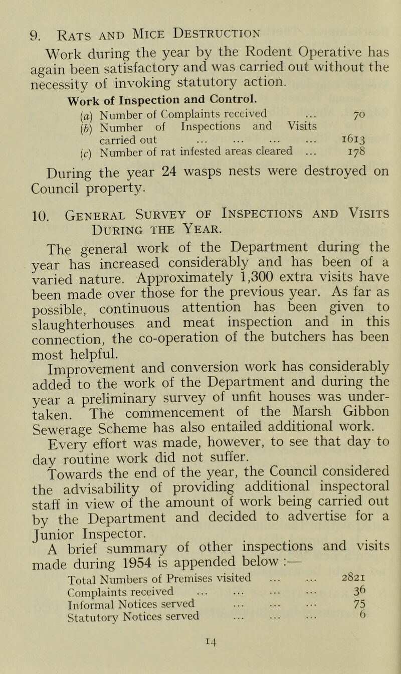 9. Rats and Mice Destruction Work during the year by the Rodent Operative has again been satisfactory and was carried out without the necessity of invoking statutory action. Work of Inspection and Control. (a) Number of Complaints received ... 70 (b) Number of Inspections and Visits carried out ... ... ... ... 1613 (c) Number of rat infested areas cleared ... 178 During the year 24 wasps nests were destroyed on Council property. 10. General Survey of Inspections and Visits During the Year. The general work of the Department during the year has increased considerably and has been of a varied nature. Approximately 1,300 extra visits have been made over those for the previous year. As far as possible, continuous attention has been given to slaughterhouses and meat inspection and in this connection, the co-operation of the butchers has been most helpful. Improvement and conversion work has considerably added to the work of the Department and during the year a preliminary survey of unfit houses was under- taken. The commencement of the Marsh Gibbon Sewerage Scheme has also entailed additional work. Every effort was made, however, to see that day to day routine work did not suffer. towards the end of the year, the Council considered the advisability of providing additional inspectoral staff in view of the amount of work being carried out by the Department and decided to advertise for a Junior Inspector. A brief summary of other inspections and visits made during 1954 is appended below Total Numbers of Premises visited 2821 Complaints received 36 Informal Notices served 75 Statutory Notices served 6