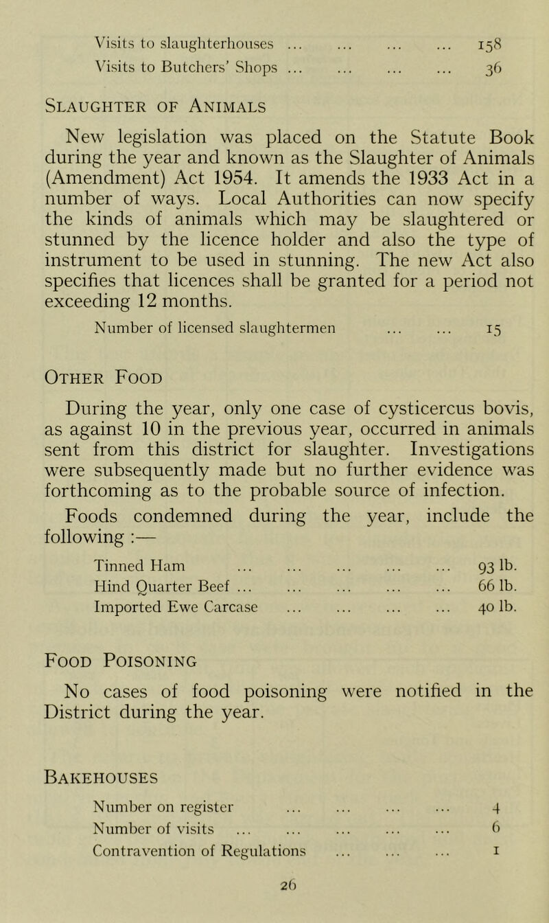 Visits to slaughterhouses ... Visits to Butchers’ Shops ... I5« 36 Slaughter of Animals New legislation was placed on the Statute Book during the year and known as the Slaughter of Animals (Amendment) Act 1954. It amends the 1933 Act in a number of ways. Local Authorities can now specify the kinds of animals which may be slaughtered or stunned by the licence holder and also the type of instrument to be used in stunning. The new Act also specifies that licences shall be granted for a period not exceeding 12 months. Number of licensed slaughtermen ... ... 15 Other Food During the year, only one case of cysticercus bovis, as against 10 in the previous year, occurred in animals sent from this district for slaughter. Investigations were subsequently made but no further evidence was forthcoming as to the probable source of infection. Foods condemned during the year, following include the Tinned Ham ... 93 lb- Iiincl Quarter Beef ... ... 661b. Imported Ewe Carcase 40 lb. Food Poisoning No cases of food poisoning were notified in the District during the year. Bakehouses Number on register ... ... ... ... 4 Number of visits ... ... ... ... ... 6 Contravention of Regulations ... ... ... 1