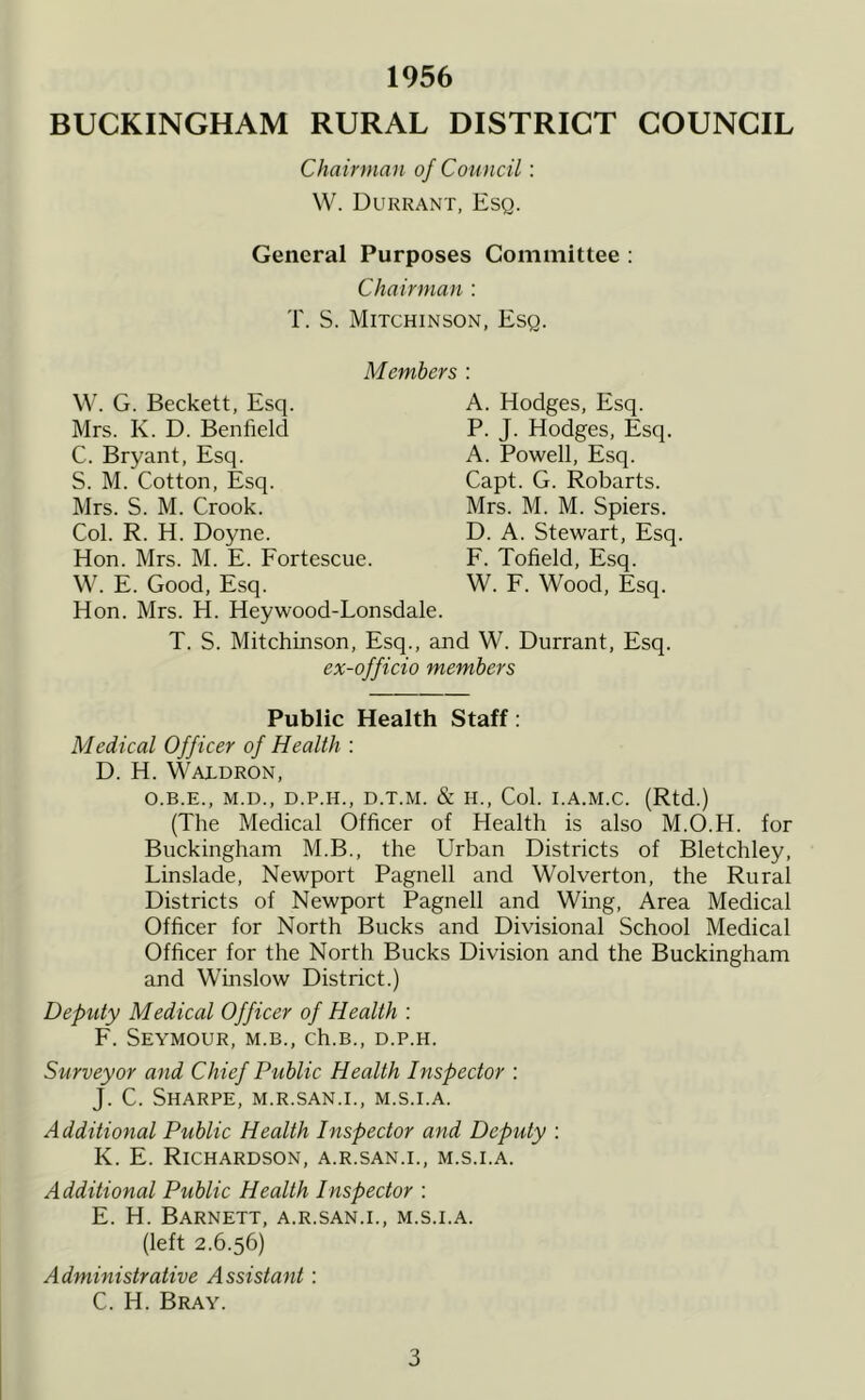 1956 BUCKINGHAM RURAL DISTRICT COUNCIL Chairman of Council: W. Durrant, Esq. General Purposes Committee : Chairman : T. S. Mitchinson, Esq. Members W. G. Beckett, Esq. Mrs. K. D. Benfield C. Bryant, Esq. S. M. Cotton, Esq. Mrs. S. M. Crook. Col. R. H. Doyne. Hon. Mrs. M. E. Fortescue. A. Hodges, Esq. P. J. Hodges, Esq. A. Powell, Esq. Capt. G. Robarts. Mrs. M. M. Spiers. D. A. Stewart, Esq. F. Tofield, Esq. W. F. Wood, Esq. W. E. Good, Esq. Hon. Mrs. H. Heywood-Lonsdale. T. S. Mitchinson, Esq., and W. Durrant, Esq. ex-officio members Public Health Staff; Medical Officer of Health : D. H. Wajldron, O.B.E., M.D., D.P.H., D.T.M. & H., Col. I.A.M.C. (Rtd.) (The Medical Officer of Health is also M.O.H. for Buckingham M.B., the Urban Districts of Bletchley, Linslade, Newport Pagnell and Wolverton, the Rural Districts of Newport Pagnell and Wing, Area Medical Officer for North Bucks and Divisional School Medical Officer for the North Bucks Division and the Buckingham and Winslow District.) Deputy Medical Officer of Health : F. Seymour, m.b., ch.B., d.p.h. Surveyor and Chief Public Health Inspector : J. C. Sharpe, m.r.san.i., m.s.i.a. Additional Public Health Inspector and Deputy ; K. E. Richardson, a.r.san.i., m.s.i.a. Additional Public Health Inspector : E. H. Barnett, a.r.san.i., m.s.i.a. (left 2.6.56) Administrative Assistant: C. H. Bray.