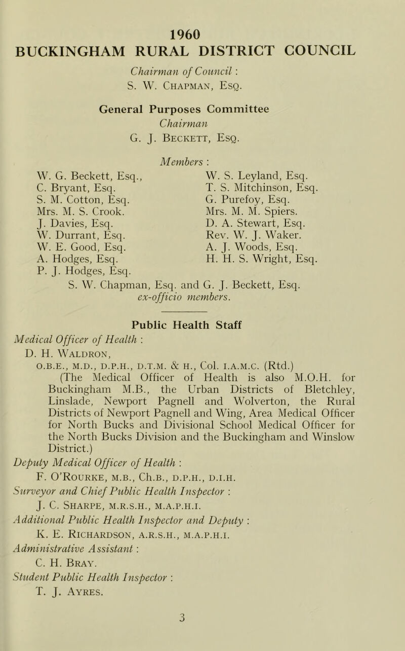 1960 BUCKINGHAM RURAL DISTRICT COUNCIL Chairman of Council: S. W. Chapman, Esq. General Purposes Committee Chairman G. J. Beckett, Esq. Members : W. G. Beckett, Esq., C. Bryant, Esq. S. I\I. Cotton, Esq. Mrs. M. S. Crook. J. Davies, Esq. W. Durrant, Esq. W. E. Good, Esq. A. Hodges, Esq. P. J. Hodges, Esq. W. S. Leyland, Esq. T. S. Mitchinson, Esq. G. Purefoy, Esq. Mrs. M. M. Spiers. D. A. Stewart, Esq. Rev. W. J. Waker. A. J. Woods, Esq. H. H. S. Wright, Esq. S. W. Chapman, Esq. and G. J. Beckett, Esq. ex-officio members. Public Health Staff Medical Officer of Health : D. H. Waldron, O.B.E., M.D., D.P.H., D.T.M. & H., Col. I.A.M.C. (Rtd.) (The Medical Officer of Health is also M.O.H. lor Buckingham M.B., the Urban Districts of Bletchley, Linslade, Newport Pagnell and Wolverton, the Rural Districts of Newport Pagnell and Wing, Area Medical Officer for North Bucks and Divisional School Medical Officer for the North Bucks Division and the Buckingham and Winslow District.) Deputy Medical Officer of Health : F. O’Rourke, m.b., Ch.B., d.p.h., u.i.h. Surveyor and Chief Public Health Inspector : J. C. Sharpe, m.r.s.h., m.a.p.h.i. Additional Public Health Inspector and Deputy : K. E. Richardson, a.r.s.h., m.a.p.h.i. Administrative Assistant : C. H. Bray. Student Publie Health Inspector : T. J. Ayres.