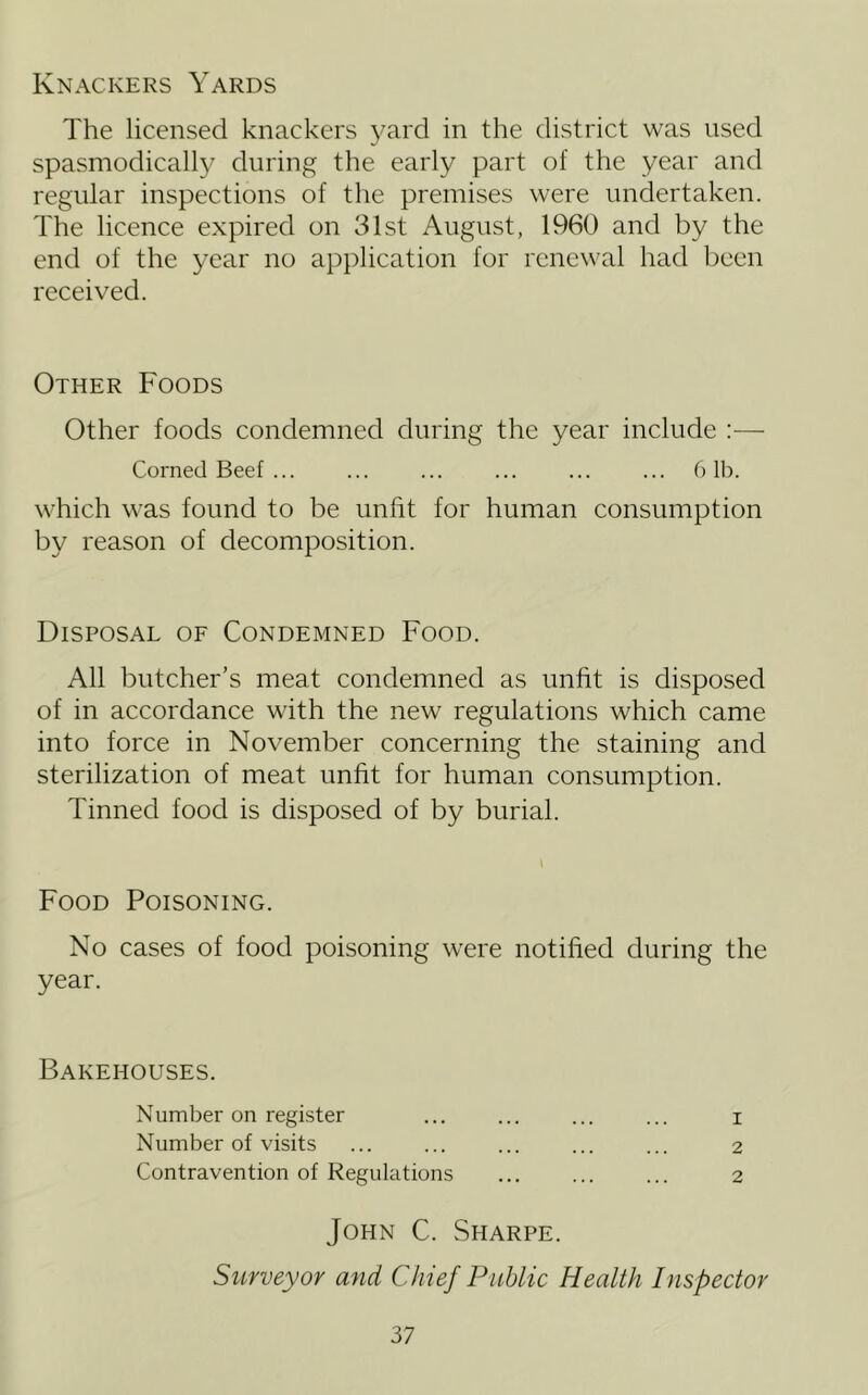 Knackers Yards The licensed knackers yard in the district was used spasmodicall}^ during the early part of the year and regular inspections of the premises were undertaken. The licence expired on 31st August, 1960 and by the end of the year no application for renewal had been received. Other Foods Other foods condemned during the year include :—■ Corned Beef ... ... ... ... ... ... 6 lb. which was found to be unfit for human consumption by reason of decomposition. Disposal of Condemned Food. All butcher’s meat condemned as unfit is disposed of in accordance with the new regulations which came into force in November concerning the staining and sterilization of meat unfit for human consumption. Tinned food is disposed of by burial. Food Poisoning. No cases of food poisoning were notified during the year. Bakehouses. Number on register ... ... ... ... i Number of visits ... ... ... ... ... 2 Contravention of Regulations ... ... ... 2 John C. Sharpe. Surveyor and Chief Public Health Inspector