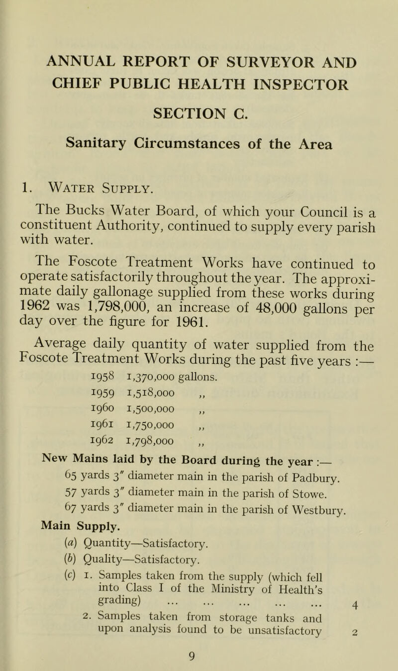 ANNUAL REPORT OF SURVEYOR AND CHIEF PUBLIC HEALTH INSPECTOR SECTION C. Sanitary Circumstances of the Area 1. Water Supply. The Bucks Water Board, of which your Council is a constituent Authority, continued to supply every parish with water. The Foscote Treatment Works have continued to operate satisfactorily throughout the year. The approxi- mate daily gallonage supplied from these works during 1962 was 1,798,000, an increase of 48,000 gallons per day over the figure for 1961. Average daily quantity of water supplied from the Foscote Treatment Works during the past five years :— 1958 1,370,000 gallons. 1959 1,518,000 1960 1,500,000 1961 1,750,000 1962 1,798,000 New Mains laid by the Board during the year ;— 65 yards 3 diameter main in the parish of Padbury. 57 yards 3 diameter main in the parish of Stowe. 67 yards 3 diameter main in the parish of Westbury. Main Supply. {a) Quantity—Satisfactory. {h) Quality—Satisfactory. (c) I. Samples taken from the supply (which fell into Class I of the Ministry of Health’s grading) 4 2. Samples taken from storage tanks and upon analysis found to be unsatisfactory 2