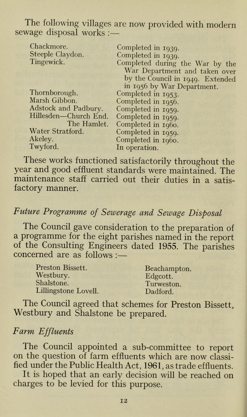 The following villages are now provided with modern sewage disposal works :— Chackmore. Steeple Cl ay don. Tingewick. Thornborough. Marsh Gibbon. Adstock and Padbury. Hillesden—Church End. The Hamlet. Water Stratford. Akeley. Twyford. Completed in 1939. Completed in 1939. Completed during the War by the War Department and taken over by the Council in 1949. Extended in 1956 by War Department. Completed in 1953. Completed in 1956. Completed in 1959. Completed in 1959. Completed in i960. Completed in 1959. Completed in i960. In operation. These works functioned satisfactorily throughout the year and good effluent standards were maintained. The maintenance staff carried out their duties in a satis- factory manner. Future Programme of Sewerage and Sewage Disposal The Council gave consideration to the preparation of a programme for the eight parishes named in the report of the Consulting Engineers dated 1955. The parishes concerned are as follows :— Preston Bissett. Westbury. Shalstone. Lillingstone Lovell. Beachampton. Edgcott. Turweston. Dadford. The Council agreed that schemes for Preston Bissett, Westbury and Shalstone be prepared. Farm Effluents The Council appointed a sub-committee to report on the question of farm effluents which are now classi- fied under the Public Health Act, 1961, as trade effluents. It is hoped that an early decision will be reached on charges to be levied for this purpose.