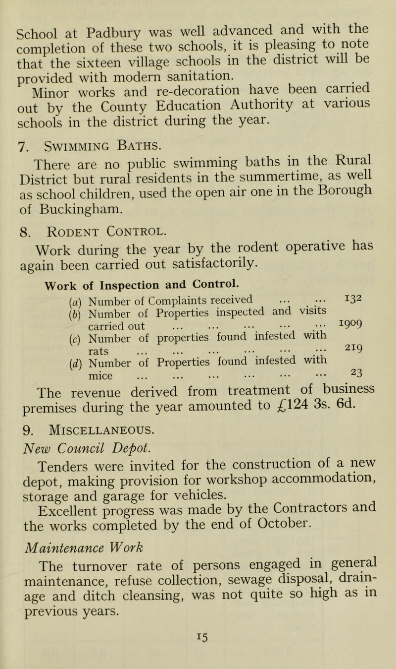 School at Padbury was well advanced and with the completion of these two schools, it is pleasing to note that the sixteen village schools in the district will be provided with modern sanitation. Minor works and re-decoration have been carried out by the County Education Authority at various schools in the district during the year. 7. Swimming Baths. There are no public swimming baths in the Rural District but rural residents in the summertime, as well as school children, used the open air one in the Borough of Buckingham. 8. Rodent Control. Work during the year by the rodent operative has again been carried out satisfactorily. Work of Inspection and Control. (a) Number of Complaints received ... ... (b) Number of Properties inspected and visits carried out ... ... ... ••• .••• (c) Number of properties found infested with rats {d) Number of Properties found infested with mice The revenue derived from treatment of business premises during the year amounted to £124 3s. 6d. 9. Miscellaneous. New Council Depot. Tenders were invited for the construction of a new depot, making provision for workshop accommodation, storage and garage for vehicles. Excellent progress was made by the Contractors and the works completed by the end of October. Maintenance Work The turnover rate of persons engaged in general maintenance, refuse collection, sewage disposal, drain- age and ditch cleansing, was not quite so high as in previous years. 132 1909 219 23