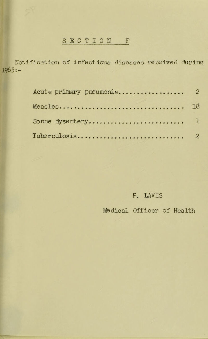SECTION F Notification of infectious diseases received (Hiring 1965:- Acute primary pneumonia 2 Measles 18 Sonne dysentery 1 Tuberculosis 2 P. LA FIS Medical Officer of Health