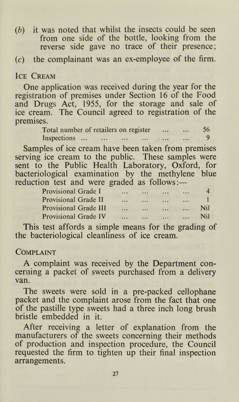 (b) it was noted that whilst the insects could be seen from one side of the bottle, looking from the reverse side gave no trace of their presence; (c) the complainant was an ex-employee of the firm. Ice Cream One application was received during the year for the registration of premises under Section 16 of the Food and Drugs Act, 1955, for the storage and sale of ice cream. The Council agreed to registration of the premises. Total number of retailers on register 56 Inspections ... ... ... ... ... ... 9 Samples of ice cream have been taken from premises serving ice cream to the public. These samples were sent to the Public Health Laboratory, Oxford, for bacteriological examination by the methylene blue reduction test and were graded as follows:— Provisional Grade I Provisional Grade II Provisional Grade III Provisional Grade IV 4 1 Nil Nil This test affords a simple means for the grading of the bacteriological cleanliness of ice cream. Complaint A complaint was received by the Department con- cerning a packet of sweets purchased from a delivery van. The sweets were sold in a pre-packed cellophane packet and the complaint arose from the fact that one of the pastille type sweets had a three inch long brush bristle embedded in it. After receiving a letter of explanation from the manufacturers of the sweets concerning their methods of production and inspection procedure, the Council requested the firm to tighten up their final inspection arrangements.