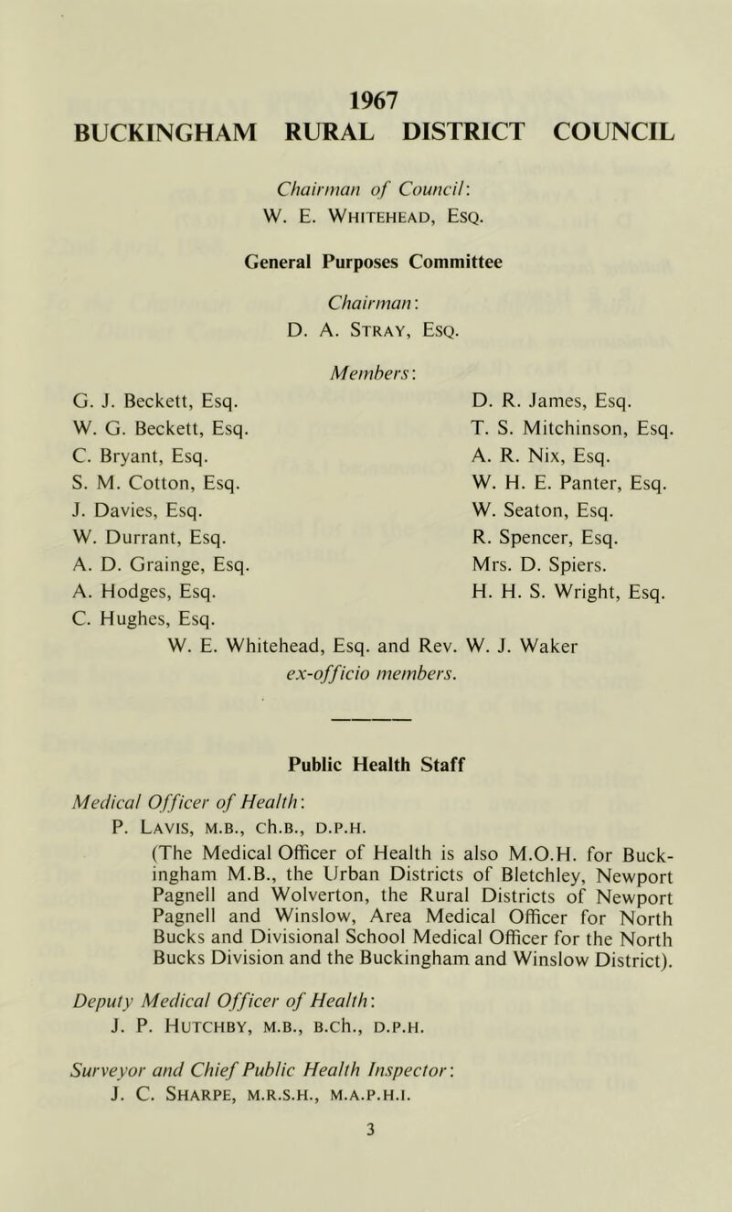 1967 BUCKINGHAM RURAL DISTRICT COUNCIL Chairman of Council: W. E. Whitehead, Esq. General Purposes Committee Chairman: D. A. Stray, Esq. Members: G. J. Beckett, Esq. W. G. Beckett, Esq. C. Bryant, Esq. S. M. Cotton, Esq. J. Davies, Esq. W. Durrant, Esq. A. D. Grainge, Esq. A. Hodges, Esq. D. R. James, Esq. T. S. Mitchinson, Esq. A. R. Nix, Esq. W. H. E. Panter, Esq. W. Seaton, Esq. R. Spencer, Esq. Mrs. D. Spiers. H. H. S. Wright, Esq. C. Hughes, Esq. W. E. Whitehead, Esq. and Rev. W. J. Waker ex-officio members. Public Health Staff Medical Officer of Health: P. LaVIS, M.B., Ch.B., D.P.H. (The Medical Officer of Health is also M.O.H. for Buck- ingham M.B., the Urban Districts of Bletchley, Newport Pagnell and Wolverton, the Rural Districts of Newport Pagnell and Winslow, Area Medical Officer for North Bucks and Divisional School Medical Officer for the North Bucks Division and the Buckingham and Winslow District). Deputy Medical Officer of Health: J. P. HuTCHBY, M.B., B.ch., D.P.H. Surveyor and Chief Public Health Inspector: J. C. Sharpe, m.r.s.h., m.a.p.h.i.