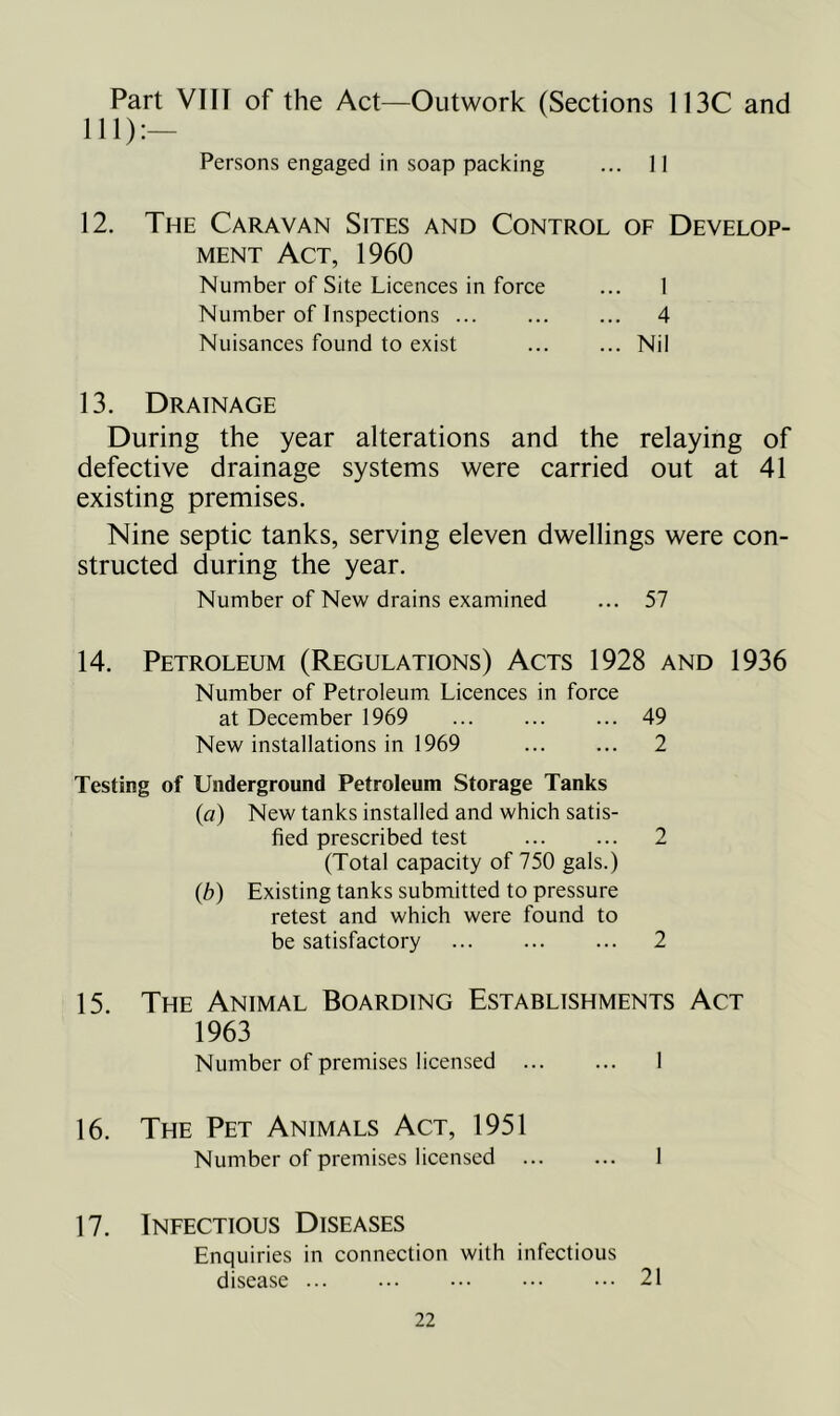 Part VTII of the Act—Outwork (Sections 113C and 111):— Persons engaged in soap packing ... II 12. The Caravan Sites and Control of Develop- ment Act, 1960 Number of Site Licences in force ... 1 Number of Inspections ... ... ... 4 Nuisances found to exist ... ... Nil 13. Drainage During the year alterations and the relaying of defective drainage systems were carried out at 41 existing premises. Nine septic tanks, serving eleven dwellings were con- structed during the year. Number of New drains examined ... 57 14. Petroleum (Regulations) Acts 1928 and 1936 Number of Petroleum Licences in force at December 1969 ... ... ... 49 New installations in 1969 2 Testing of Underground Petroleum Storage Tanks (a) New tanks installed and which satis- fied prescribed test ... ... 2 (Total capacity of 750 gals.) (b) Existing tanks submitted to pressure retest and which were found to be satisfactory 2 15. The Animal Boarding Establishments Act 1963 Number of premises licensed I 16. The Pet Animals Act, 1951 Number of premises licensed 1 17. Infectious Diseases Enquiries in connection with infectious disease 21