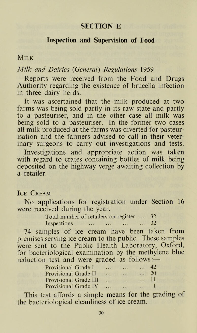 Inspection and Supervision of Food Milk Milk and Dairies {General) Regulations 1959 Reports were received from the Food and Drugs Authority regarding the existence of brucella infection in three dairy herds. It was ascertained that the milk produced at two farms was being sold partly in its raw state and partly to a pasteuriser, and in the other case all milk was being sold to a pasteuriser. In the former two cases all milk produced at the farms was diverted for pasteur- isation and the farmers advised to call in their veter- inary surgeons to carry out investigations and tests. Investigations and appropriate action was taken with regard to crates containing bottles of milk being deposited on the highway verge awaiting collection by a retailer. Ice Cream No applications for registration under Section 16 were received during the year. Total number of retailers on register ... 32 Inspections 32 74 samples of ice cream have been taken from premises serving ice cream to the public. These samples were sent to the Public Health Laboratory, Oxford, for bacteriological examination by the methylene blue reduction test and were graded as follows:— Provisional Grade I ... ... ... 42 Provisional Grade II ... ... ... 20 Provisional Grade 111 ... ... ... 11 Provisional Grade IV 1 This test affords a simple means for the grading of the bacteriological cleanliness of ice cream.
