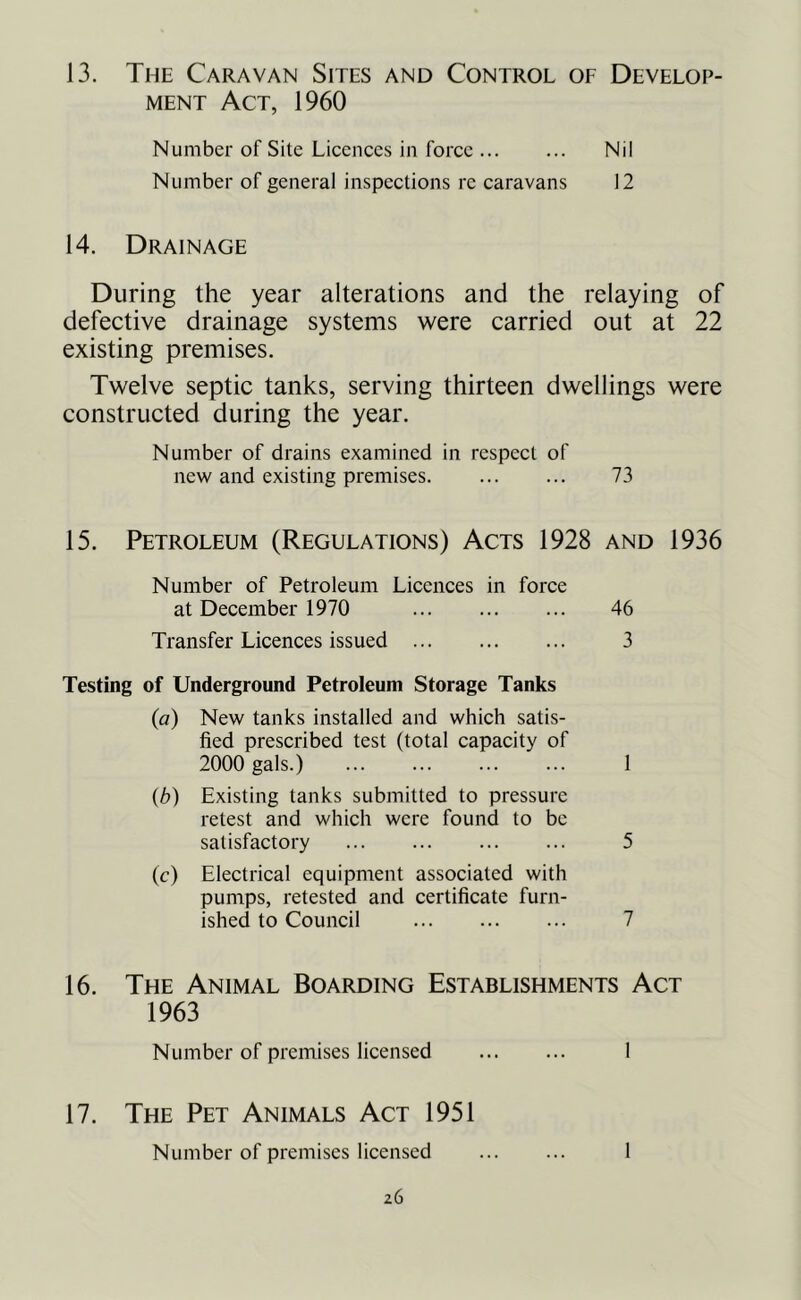 13. The Caravan Sites and Control of Develop- ment Act, 1960 Number of Site Licences in force Nil Number of general inspections re caravans 12 14. Drainage During the year alterations and the relaying of defective drainage systems were carried out at 22 existing premises. Twelve septic tanks, serving thirteen dwellings were constructed during the year. Number of drains examined in respect of new and existing premises 73 15. Petroleum (Regulations) Acts 1928 and 1936 Number of Petroleum Licences in force at December 1970 46 Transfer Licences issued 3 Testing of Underground Petroleum Storage Tanks {a) New tanks installed and which satis- fied prescribed test (total capacity of 2000 gals.) 1 {b) Existing tanks submitted to pressure retest and which were found to be satisfactory 5 (c) Electrical equipment associated with pumps, retested and certificate furn- ished to Council 7 16. The Animal Boarding Establishments Act 1963 Number of premises licensed 1 17. The Pet Animals Act 1951 Number of premises licensed 1 z6