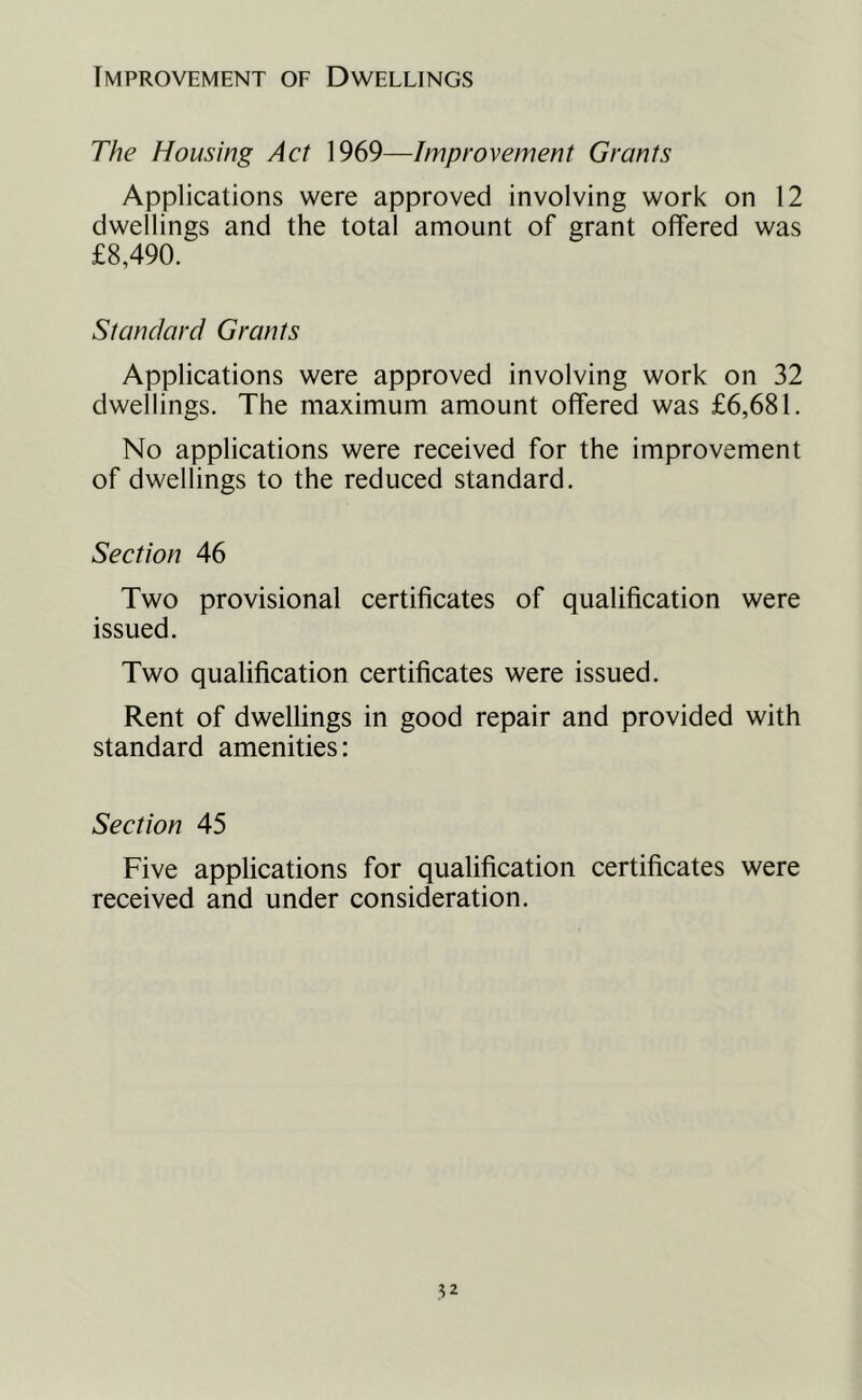 Improvement of Dwellings The Housing Act 1969—Improvement Grants Applications were approved involving work on 12 dwellings and the total amount of grant offered was £8,490. Standard Grants Applications were approved involving work on 32 dwellings. The maximum amount offered was £6,681. No applications were received for the improvement of dwellings to the reduced standard. Section 46 Two provisional certificates of qualification were issued. Two qualification certificates were issued. Rent of dwellings in good repair and provided with standard amenities: Section 45 Five applications for qualification certificates were received and under consideration.