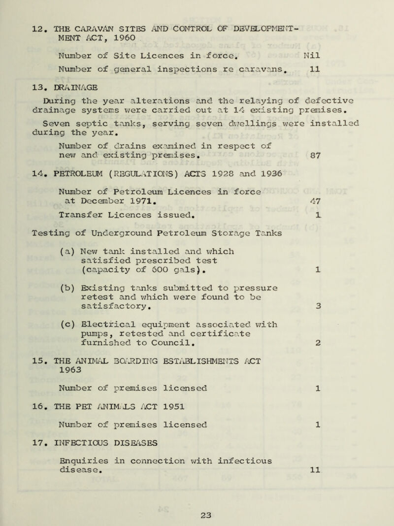 12. THE CARAVAN SITES AND CONTROL OF DEVELOPMENT- MENT ACT, 1960 Number of Site Licences in force. Nil Number of general inspections re caravans. 11 13. DRAINAGE During the year alterations and the relaying of defective drainage systems were carried out at 14 existing premises. Seven septic tanks, serving seven dwellings were installed during the year. Number of drains examined in respect of new and existing premises. 87 14. PETROLEUM (REGULATIONS) ACTS 1928 and 1936 Number of Petroleum Licences in force at December 1971. 47 Transfer Licences issued. 1 Testing of Underground Petroleum Storage Tanks (a) New tank installed and which satisfied prescribed test (capacity of 600 gals). 1 (b) Existing tanks submitted to pressure retest and which were found to be satisfactory. 3 (c) Electrical equipment associated with pumps, retested and certificate furnished to Council. 2 15. THE ANIMAL BOARDING ESTABLISHMENTS ACT 1963 Number of premises licensed 1 16. THE PET ANIMUS ACT 1951 Number of premises licensed 1 17. INFECTIOUS DISEASES Enquiries in connection with infectious disease. 11