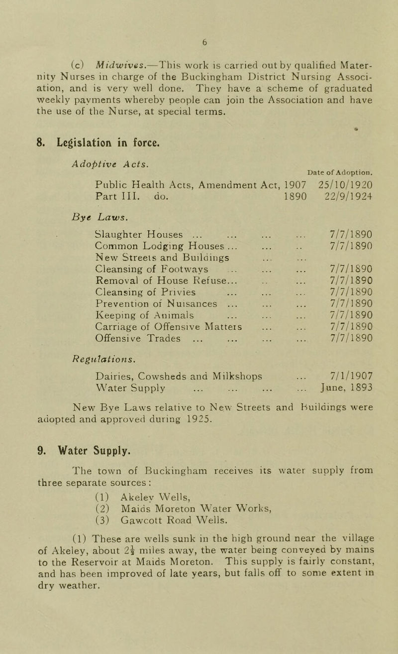 b (c) Midwivtis.—This work is carried out by qualified Mater- nity Nurses in charge of the Buckingham District Nursing Associ- ation, and is very well done. They have a scheme of graduated weekly payments whereby people can join the Association and have the use of the Nurse, at special terms. 8. Legislation in force. Adoptive Acts. Date of Adoption. Public Health Acts, Amendment Act, 1907 25/10/1920 Part III. do. 1890 22/9/1924 Laws. Slaughter Houses ... 7/7/1890 Common Lodging Houses... New Streets and Buildings 7/7/1890 Cleansing of Footways 7/7/1S90 Removal of House Refuse... 7/7/1890 Cleansing of Privies 7/7/1890 Prevention of Nuisances ... 7/7/1890 Keeping of Animals 7/7/1890 Carriage of Offensive Matteis 7/7/1890 Offensive Trades 7/7/1890 ulations. Dairies, Cowsheds and Milkshops 7/1/1907 Water Supply June, 1893 New Bye Laws relative to New Streets and Buildings were adopted and approved during 1925. 9. Water Supply. The town of Buckingham receives its water supply from three separate sources : (1) Akeley Wells, (2) Maids Moreton Water Works, (3) Gawcott Road Wells. (1) These are wells sunk in the high ground near the village of Akeley, about 2\ miles away, the water being conveyed by mains to the Reservoir at Maids Moreton. This supply is fairly constant, and has been improved of late years, but falls off to some extent in dry weather.