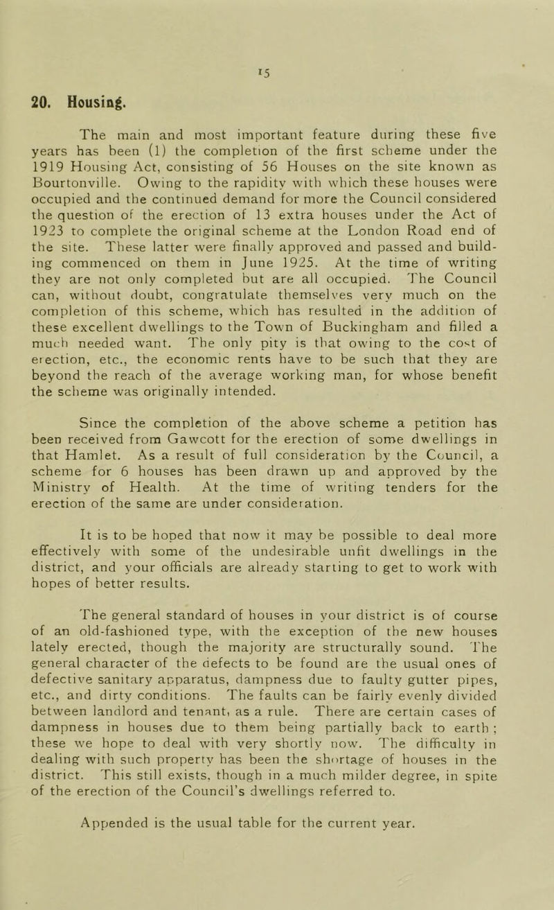 20. Housing. The main and most important feature during these five years has been (l) the completion of the first scheme under the 1919 Housing Act, consisting of 56 Houses on the site known as Bourtonville. Owing to the rapidity with which these houses were occupied and the continued demand for more the Council considered the question of the erection of 13 extra houses under the Act of 1923 to complete the original scheme at the London Road end of the site. These latter were finally approved and passed and build- ing commenced on them in June 1925. At the time of writing they are not only completed but are all occupied. The Council can, without doubt, congratulate themselves very much on the completion of this scheme, which has resulted in the addition of these excellent dwellings to the Towm of Buckingham and filled a much needed want. The only pity is that owing to the cost of erection, etc., the economic rents have to be such that they are beyond the reach of the average working man, for whose benefit the scheme was originally intended. Since the completion of the above scheme a petition has been received from Gawcott for the erection of some dwellings in that Hamlet. As a result of full consideration by the Council, a scheme for 6 houses has been drawn up and approved by the Ministry of Health. At the time of writing tenders for the erection of the same are under consideration. It is to be hoped that now it may be possible to deal more effectively with some of the undesirable unfit dwellings in the district, and your officials are already starting to get to work with hopes of better results. The general standard of houses in your district is of course of an old-fashioned type, with the exception of the new houses lately erected, though the majority are structurally sound. The general character of the defects to be found are the usual ones of defective sanitary apparatus, dampness due to faulty gutter pipes, etc., and dirty conditions. The faults can be fairly evenly divided between landlord and tenant, as a rule. There are certain cases of dampness in houses due to them being partially back to earth ; these we hope to deal with very shortly now. The difficulty in dealing with such property has been the shortage of houses in the district. This still exists, though in a much milder degree, in spite of the erection of the Council’s dwellings referred to. Appended is the usual table for the current year.