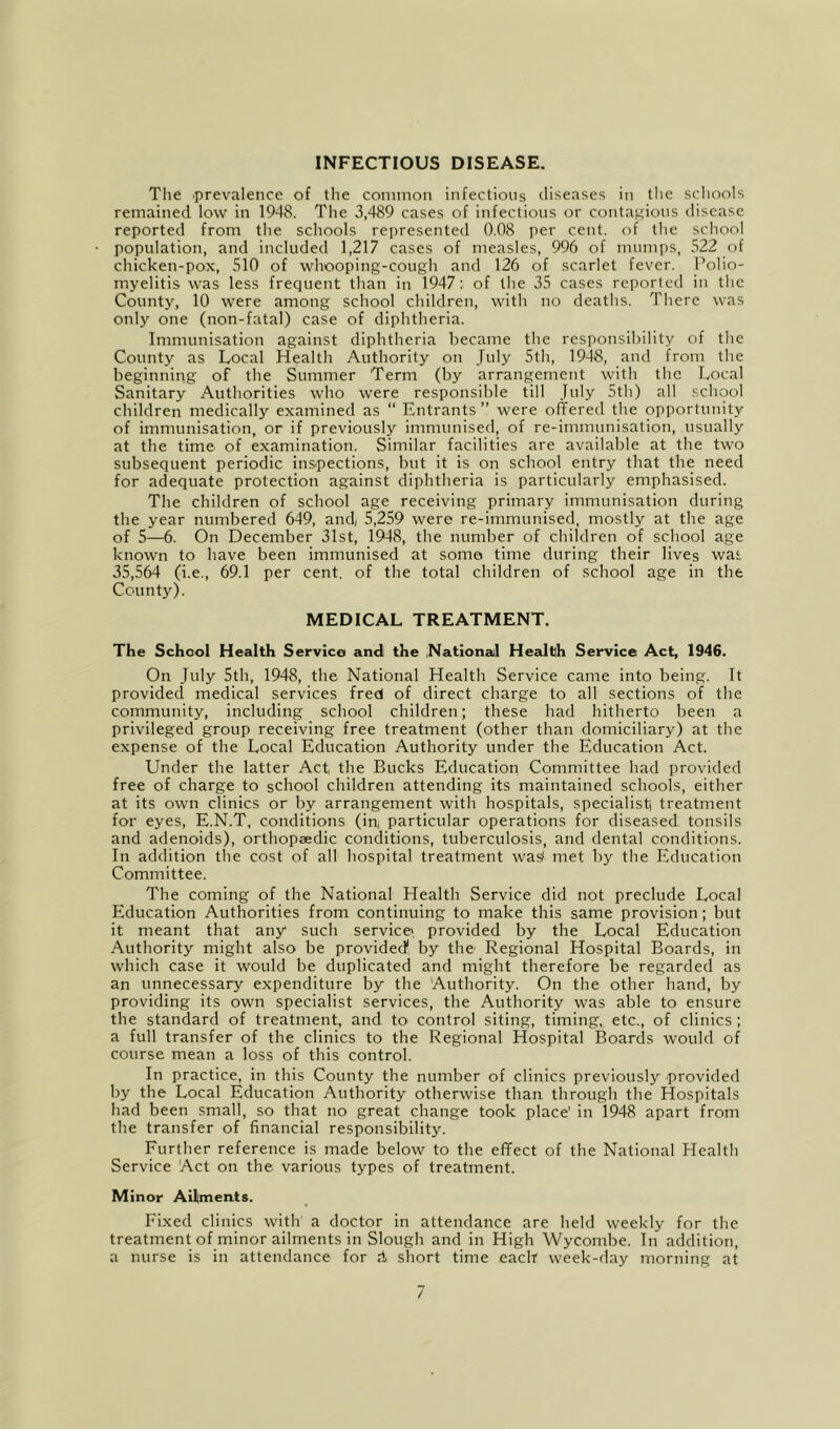 INFECTIOUS DISEASE. The 'Prevalence of tlie common infections diseases in tlie scliools remained low in 1948. The 3,489 cases of infectious or contagious disease reported from the schools represented 0.08 per cent, of the school population, and included 1,217 cases of measles, 996 of mumps, 522 of chicken-pox, 510 of whooping-cough and 126 of scarlet fever. Polio- myelitis was less frequent than in 1947; of the 35 cases reported in the County, 10 were among school children, with no deaths. There was only one (non-fatal) case of diphtheria. Immunisation against diphtheria became the responsibility of the County as Local Health Authority on July 5th, 1948, and from the beginning of the Summer Term (by arrangement with the Local Sanitary Authorities who were responsible till July 5th) all school children medically examined as “ Entrants” were offered the opportunity of immunisation, or if previously immunised, of re-immunisation, usually at the time of examination. Similar facilities are available at the two subsequent periodic inspections, but it is on school entry that the need for adequate protection against diphtheria is particularly emphasised. The children of school age receiving primary immunisation during the year numbered 649, and, 5,259 were re-immunised, mostly at the age of 5—6. On December 31st, 1948, the number of children of school age known to have been immunised at some time during their lives wa‘ 35,564 (i.e., 69.1 per cent, of the total children of school age in the County). MEDICAL TREATMENT. The School Health Service and the National Healtih Service Act, 1946. On July 5th, 1948, the National Health Service came into being. It provided medical services fred of direct charge to all sections of the community, including school children; these had hitherto been a privileged group receiving free treatment (other than domiciliary) at the expense of the Local Education Authority under the Education Act. Under the latter Act the Bucks Education Committee had provided free of charge to school children attending its maintained schools, either at its own clinics or by arrangement with hospitals, specialist treatment for eyes, E.N.T, conditions (in, particular operations for diseased tonsils and adenoids), orthopaedic conditions, tuberculosis, and dental conditions. In addition the cost of all hospital treatment wasf met by the Education Committee. The coming of the National Health Service did not preclude Local Education Authorities from continuing to make this same provision; but it meant that any such service', provided by the Local Education Authority might also be provideef by the' Regional Hospital Boards, in which case it would be duplicated and might therefore be regarded as an unnecessary expenditure by the Authority. On the other hand, by providing its own specialist services, the Authority was able to ensure the standard of treatment, and to control siting, timing, etc., of clinics ; a full transfer of the clinics to the Regional Hospital Boards would of course mean a loss of this control. In practice, in this County the number of clinics previously provided by the Local Education Authority otherwise than through the Hospitals had been small, so that no great change took place' in 1948 apart from the transfer of financial responsibility. Further reference is made below to the effect of the National Health Service Act on the various types of treatment. Minor Ailments. Fixed clinics with a doctor in attendance are held weekly for the treatment of minor ailments in Slough and in High Wycombe. In addition, a nurse is in attendance for d, short time eaclr week-day morning at