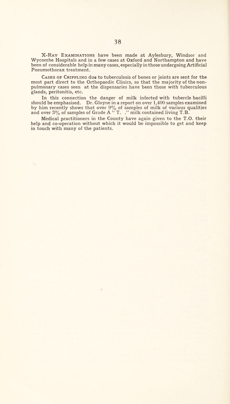 X-Ray Examinations have been made at Aylesbury, Windsor and Wycombe Hospitals and in a few cases at Oxford and Northampton and have been of considerable help in many cases, especially in those undergoing Artificial Pneumothorax treatment. Cases of Crippling due to tuberculosis of bones or joints are sent for the most part direct to the Orthopaedic Clinics, so that the majority of the non- pulmonary cases seen at the dispensaries have been those with tuberculous glands, peritonitis, etc. In this connection the danger of milk infected with tubercle bacilli should be emphasised. Dr. Gloyne in a report on over 1,400 samples examined by him recently shows that over 9% of samples of milk of various qualities and over 3% of samples of Grade A “ T. .” milk contained living T.B. Medical practitioners in the County have again given to the T.O. their help and co-operation without which it would be impossible to get and keep in touch with many of the patients.