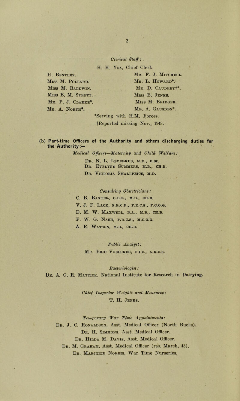 Clerical Staff: H. H. Yea, Chief Clerk. Miss M. Pollaed. Miss M. Baldwin. Miss B. M. Syeett. Me. P. J. Claeke**. Me. a. Noeth*. H. Bentley. Me. P. J. Mitchell. Mb. L. Howaed*. Me. D. CaudbeyI*. Miss B. Jenks. Miss M. Beidgee. Me. a. Gtausden*. *Serving with H.M. Forces. tKeported missing Nov., 1943. (b) Part-time Officers of the Authority and others discharging duties for the Authority:— Medical Officers—Maternity and, Child Welfare; De. N. L. Leveekus, M.D., B.SC. De. Evelynb Summees, m.b., ch.b. Db. Victobia Smallpeicb, m.d. Consulting Obstetricians: C. B. BaXTEE, O.B.E., M.D., CH.B. V. J. F. Lack, f.b.c.p., p.e.c.s., p.c.o.g. D. M. W. Maxwell, b.a., m.b., ch.b. F. W. G. Nash, p.e.c.s., m.c.o.g. A. E. Watson, m.b., ch.b. Public Analyst; Me. Ebio Voelckbe, f.i.c., a.e.c.s. Bacteriologist : Dr. a. G. E. Mattick, National Institute for Eesearch in Dairying. Chief Inspector Weights and Measures: T. H. Jenks, Tenu-porary War 2\ime Appoititmcnta: De. j. C. Eonaldson, Asst. Medical Officer (North Bucks). Db. H. Simmons, Asst. Medical Officer. De. Hilda M. Davis, Asst. Medical Officer. Db. M. Geaham, Asst. Medical Officer (re's. March, 43). De. Maejoeib Nokeis, War Time Nurseries.