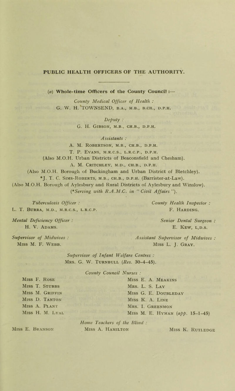 PUBLIC HEALTH OFFICERS OF THE AUTHORITY. {a) Whole-time Officers of the County Council :— County Medical Officer of Health : G. W. H.'TOWNSEND, b.a., m.b., b.ch., d.p.h. Deputy : G. H. Gibson, m.b., ch.b., d.p.h. Assistants : A. M. Robertson, m.b., ch.b., d.p.h. T. P. Evans, m.r.c.s., l.r.c.p., d.p.h. (Also M.O.H. Urban Districts of Beaconsfield and Chesham). A. M. CrITCHLEY, M.D., CH.B., D.P.H. (Also M.O.H. Borough of Buckingham and Urban District of Bletchley). *J. T. C. Sims-Roberts, m.b., ch.b., d.p.h. (Barrister-at-Law). (Also M.O.H. Borough of Aylesbury and Rural Districts of Aylesbury and Winslow). {*Serving with R.A.M.C. in Civil Affairs’’). Tuberculosis Officer : L. T. Burra, m.d., m.r.c.s., l.r.c.p. County Health Inspector : F. Harding. Mental Deficiency Officer : H. V. Adams. Senior Dental Surgeon : E. Kew, l,d.s. Supervisor of Midwives : Miss M. F. Webb. Assistant Supervisor of Midwives : Miss L. J. Gray. Supervisor of Infant Welfare Centres : Mrs. G. W. Turnbull {Res. 30-4-45). County Council Nurses : Miss F. Rose Miss E. A. Meakins Mrs. L. S. Lay Miss G. E. Doubleday Miss K. A. Line Mrs. I. Greenmon Miss M. E. Hyman {app. 15-1-45) Miss T. Stubbs Miss M. Griffin Miss D. Tanton Miss A. Plant Miss H. M. Lyal Miss E. Branson Home Teachers of the Blind : Miss A. Hamilton Miss K. Rutledge