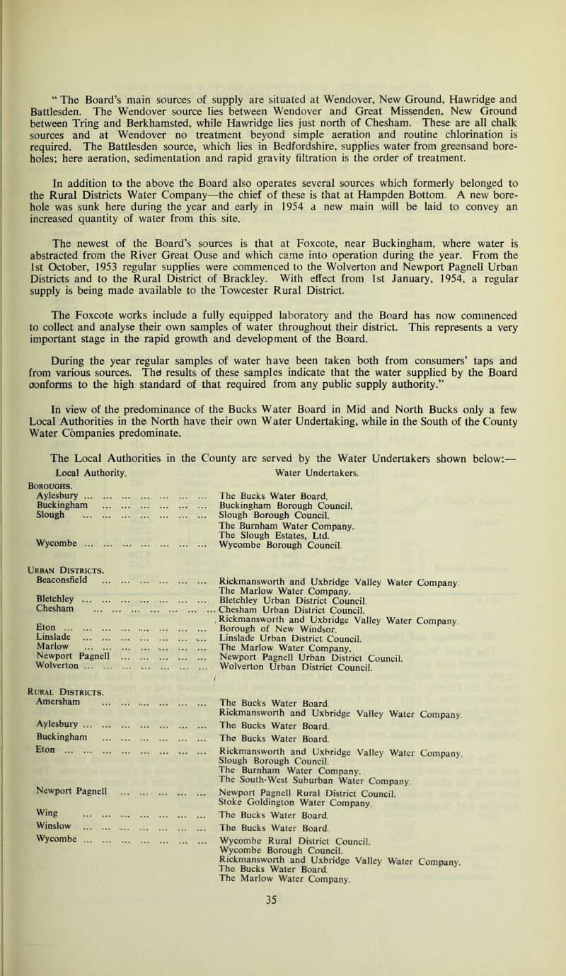 “ The Board’s main sources of supply are situated at Wendover, New Ground, Hawridge and Battlesden. The Wendover source lies between Wendover and Great Missenden, New Ground between Tring and Berkhamsted, while Hawridge lies just north of Chesham. These are all chalk sources and at Wendover no treatment beyond simple aeration and routine chlorination is required. The Battlesden source, which lies in Bedfordshire, supplies water from greensand bore- holes; here aeration, sedimentation and rapid gravity filtration is the order of treatment. In addition to the above the Board also operates several sources which formerly belonged to the Rural Districts Water Company—the chief of these is that at Hampden Bottom. A new bore- hole was sunk here during the year and early in 1954 a new main wiill be laid to convey an increased quantity of water from this site. The newest of the Board’s sources is that at Foxcote, near Buckingham, where water is abstracted from the River Great Ouse and which came into operation during the year. From the 1st October, 1953 regular supplies were commenced to the Wolverton and Newport Pagnell Urban Districts and to the Rural District of Brackley. With effect from 1st January, 1954, a regular supply is being made available to the Towcester Rural District. The Foxcote works include a fully equipped laboratory and the Board has now commenced to collect and analyse their own samples of water throughout their district. This represents a very important stage in the rapid growth and development of the Board. During the year regular samples of water have been taken both from consumers’ taps and from various sources. Thd results of these samples indicate that the water supplied by the Board conforms to the high standard of that required from any public supply authority.” In view of the predominance of the Bucks Water Board in Mid and North Bucks only a few Local Authorities in the North have their own W ater Undertaking, while in the South of the County Water Companies predominate. The Local Authorities in the County are served by the Water Undertakers shown below:— Local Authority. Boroughs. Aylesbury Buckingham Slough Wycombe ... Water Undertakers. The Bucks Water Board. Buckingham Borough Council. Slough Borough Council. The Burnham Water Company. The Slough Estates, Ltd. Wycombe Borough Council. Urban Districts. Beaconsfield Bletchley Chesham Eton Linslade Marlow Newport Pagnell Wolverton Rickmansworth and Uxbridge Valley Water Company. The Marlow Water Company. Bletchley Urban District Council. Chesham Urban District Council. Rickmansworth and Uxbridge Valley Water Company. Borough of New Windsor. Linslade Urban District Council. The Marlow Water Company. Newport Pagnell Urban District Council. Wolverton Urban District Council. Rural Districts. Amersham Aylesbuiy ... . Buckingham Eton Newport Pagnell Wing Winslow Wycombe ... ... The Bucks Water Board. Rickmansworth and Uxbridge Valley Water Company. The Bucks Water Board. The Bucks Water Board. Rickmansworth and Uxbridge Valley Water Company. Slough Borough Council. The Burnham Water Company. The South-West Suburban Water Company. Newport Pagnell Rural District Council. Stoke Goldington Water Company. The Bucks Water Board. The Bucks Water Board. Wycombe Rural District Council. Wycombe Borough Council. Rickmansworth and Uxbridge Valley Water Companv. The Bucks Water Board. The Marlow Water Company.