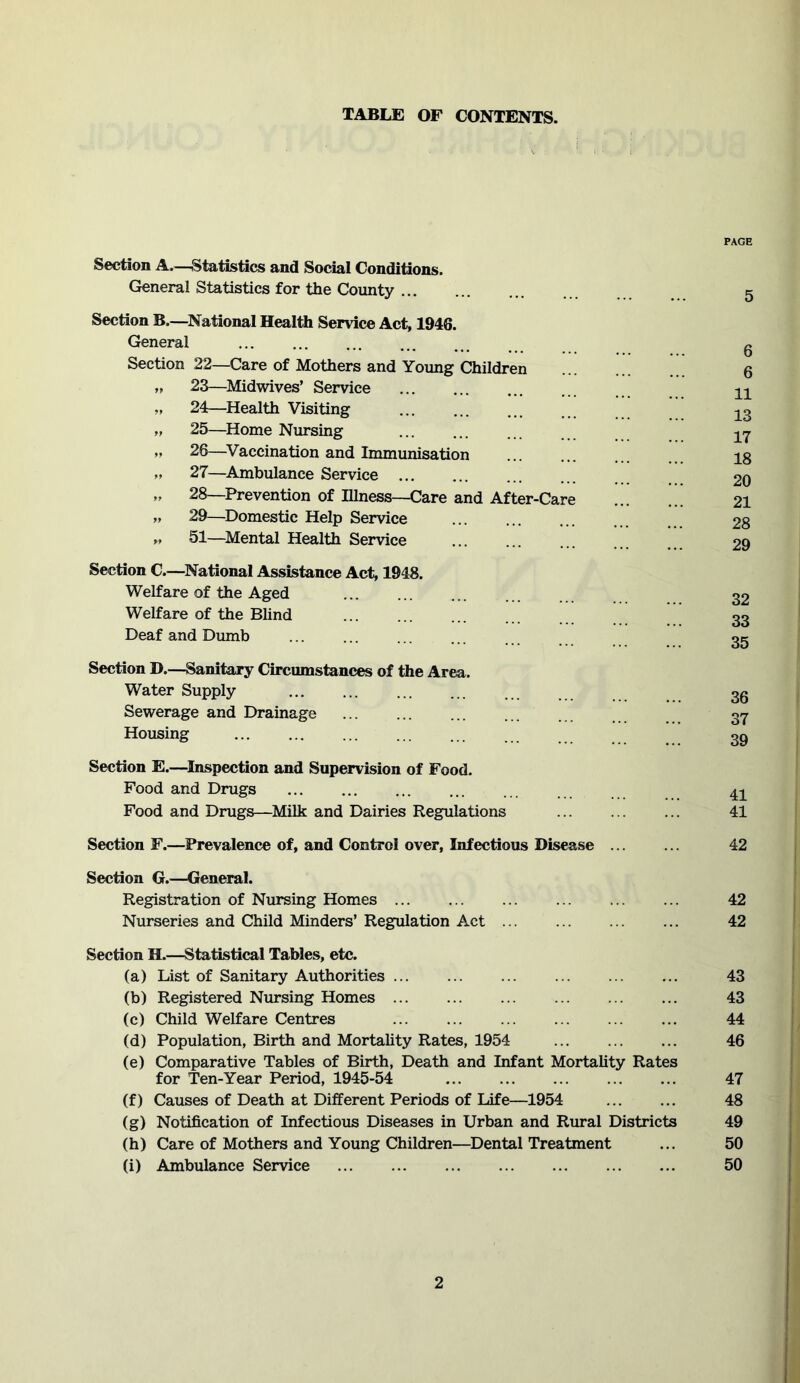 TABLE OF CONTENTS. Section A—Statistics and Social Conditions. Greneral Statistics for the County Section B.—National Health Service Act, 1946. General ... Section 22—Care of Mothers and Young Children „ 23—^Midwives’ Service V 24—Health Visiting ... „ 25—^Home Nursing „ 26—^Vaccination and Immunisation M 27—^Ambulance Service „ 28—Prevention of Illness—Care and After-Care „ 29—Domestic Help Service „ 51—^Mental Health Service Section C.—^National Assistance Act, 1948. Welfare of the Aged Welfare of the Bhnd Deaf and Dumb Section D.—Sanitary Circumstances of the Area. Water Supply ... ... Sewerage and Drainage Housing Section E.—^Inspection and Supervision of Food. Food and Drugs Food and Drugs—Milk and Dairies Regulations Section F.—Prevalence of, and Control over, Infectious Disease ... Section G.—General. Registration of Nursing Homes Nurseries and Child Minders’ Regulation Act Section H.—Statistical Tables, etc. (a) List of Sanitary Authorities ... ... ... (b) Registered Nursing Homes ... ... ... (c) Child Welfare Centres ... ... (d) Population, Birth and Mortahty Rates, 1954 (e) Comparative Tables of Birth, Death and Infant Mortality Rates for Ten-Year Period, 1945-54 (f) Causes of Death at Different Periods of Life—1954 (g) Notification of Infectious Diseases in Urban and Rural Districts (h) Care of Mothers and Young Children—^Dental Treatment (i) Ambulance Service PAGE 5 6 6 11 13 17 18 20 21 28 29 32 33 35 36 37 39 41 41 42 42 42 43 43 44 46 47 48 49 50 50
