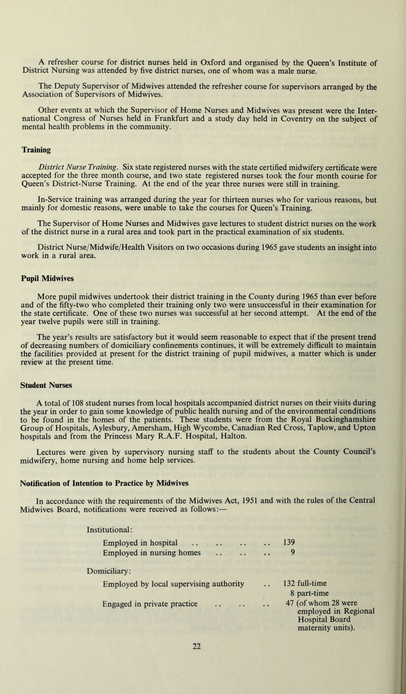 A refresher course for district nurses held in Oxford and organised by the Queen’s Institute of District Nursing was attended by five district nurses, one of whom was a male nurse. The Deputy Supervisor of Midwives attended the refresher course for supervisors arranged by the Association of Supervisors of Midwives. Other events at which the Supervisor of Home Nurses and Midwives was present were the Inter- national Congress of Nurses held in Frankfurt and a study day held in Coventry on the subject of mental health problems in the community. Training District Nurse Training. Six state registered nurses with the state certified midwifery certificate were accepted for the three month course, and two state registered nurses took the four month course for Queen’s District-Nurse Training. At the end of the year three nurses were still in training. In-Service training was arranged during the year for thirteen nurses who for various reasons, but mainly for domestic reasons, were unable to take the courses for Queen’s Training. The Supervisor of Home Nurses and Midwives gave lectures to student district nurses on the work of the district nurse in a rural area and took part in the practical examination of six students. District Nurse/Midwife/Health Visitors on two occasions during 1965 gave students an insight into work in a rural area. Pupil Midwives More pupil midwives undertook their district training in the County during 1965 than ever before and of the fifty-two who completed their training only two were unsuccessful in their examination for the state certificate. One of these two nurses was successful at her second attempt. At the end of the year twelve pupils were still in training. The year’s results are satisfactory but it would seem reasonable to expect that if the present trend of decreasing numbers of domiciliary confinements continues, it will be extremely difficult to maintain the facilities provided at present for the district training of pupil midwives, a matter which is under review at the present time. Student Nurses A total of 108 student nurses from local hospitals accompanied district nurses on their visits during the year in order to gain some knowledge of public health nursing and of the environmental conditions to be found in the homes of the patients. These students were from the Royal Buckinghamshire Group of Hospitals, Aylesbury, Amersham, High Wycombe, Canadian Red Cross, Taplow, and Upton hospitals and from the Princess Mary R.A.F. Hospital, Halton. Lectures were given by supervisory nursing staff to the students about the County Council’s midwifery, home nursing and home help services. Notification of Intention to Practice by Midwives In accordance with the requirements of the Midwives Act, 1951 and with the rules of the Central Midwives Board, notifications were received as follows:— Institutional: Employed in hospital .. 139 Employed in nursing homes 9 Domiciliary: Employed by local supervising authority 132 full-time Engaged in private practice 8 part-time 47 (of whom 28 were employed in Regional Hospital Board maternity units).