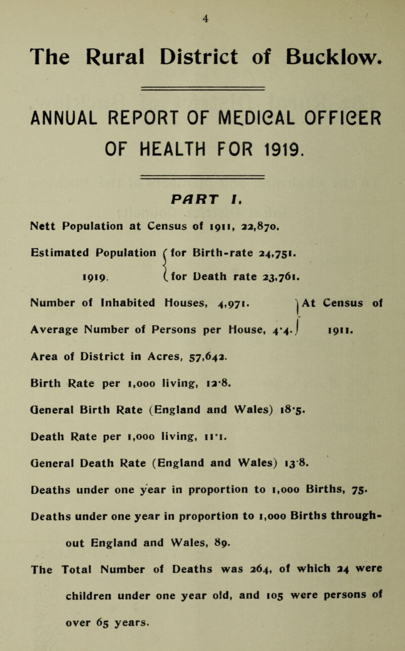 The Rural District of Bucklow. ANNUAL REPORT OF MEDICAL OFFICER OF HEALTH FOR 1919. paRT I. Nett Population at Census of 1911, 22,870. Estimated Population F for Birth-rate 24.751. 1919. (for Death rate 23,761. Number of Inhabited Houses, 4,971. 'j At Census of Average Number of Persons per House, 4’4.j 1911. Area of District in Acres, 57.642. Birth Rate per 1,000 living, 12*8. General Birth Rate (England and Wales) 18*5. Death Rate per 1,000 living, 11*1. General Death Rate (England and Wales) 13 8. Deaths under one year in proportion to 1,000 Births, 75. Deaths under one year in proportion to 1,000 Births through- out England and Wales, 89. The Total Number of Deaths was 264, of which 24 were children under one year old, and 105 were persons of over 65 years.