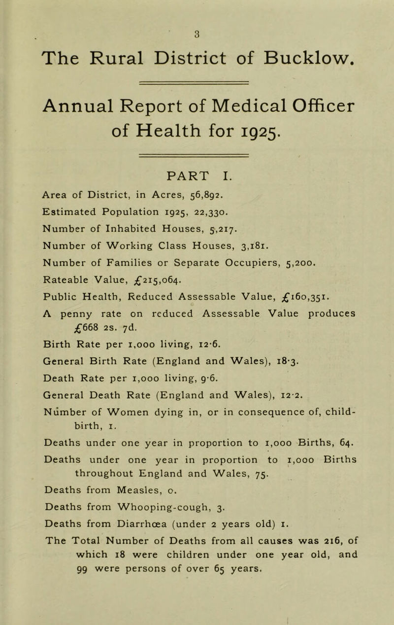 The Rural District of Bucklow. Annual Report of Medical Officer of Health for 1925. PART I. Area of District, in Acres, 56,892. Estimated Population 1925, 22,330. Number of Inhabited Houses, 5,217. Number of Working Class Houses, 3,181. Number of Families or Separate Occupiers, 5,200. Rateable Value, £‘215,064. Public Health, Reduced Assessable Value, £160,351. A penny rate on reduced Assessable Value produces £668 2s. 7d. Birth Rate per 1,000 living, i2‘6. General Birth Rate (England and Wales), i8’3. Death Rate per 1,000 living, 9*6. General Death Rate (England and Wales), 12-2. Number of Women dying in, or in consequence of, child- birth, I. Deaths under one year in proportion to 1,000 Births, 64. Deaths under one year in proportion to 1,000 Births throughout England and Wales, 75. Deaths from Measles, o. Deaths from Whooping-cough, 3. Deaths from Diarrhoea (under 2 years old) i. The Total Number of Deaths from all causes was 216, of which 18 were children under one year old, and 99 were persons of over 65 years.