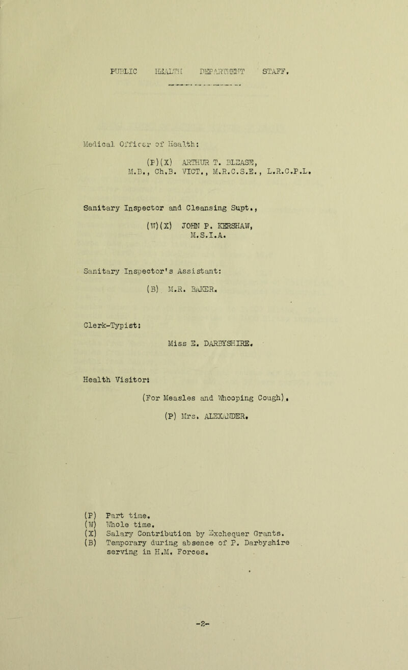 PUBLIC HEALTH DEPABTILL'TT STAFF. Medical Officer of Health: (P)(X) ARTHUR T. BLEASE, M.B., Ch.B. VICT., M.R.C.S.E. , L.R.C.P.L. Sanitary Inspector and Cleansing Supt., (W)(X) JOHN P. KERSHAW, M.S.I.A* Sanitary Inspector’s Assistant: (B), M.R. BAKER. Clerk-Typisti Miss 1. DARBYSHIRE, Health Visitor*. (For Measles and Whooping Cough), (P) Mrs. ALEXANDER. (P) Part time, (W) Whole time. (X) Salary Contribution by Exchequer Grants. (B) Temporary during absence of P. Darbyshire serving in H.M, Forces, -2-