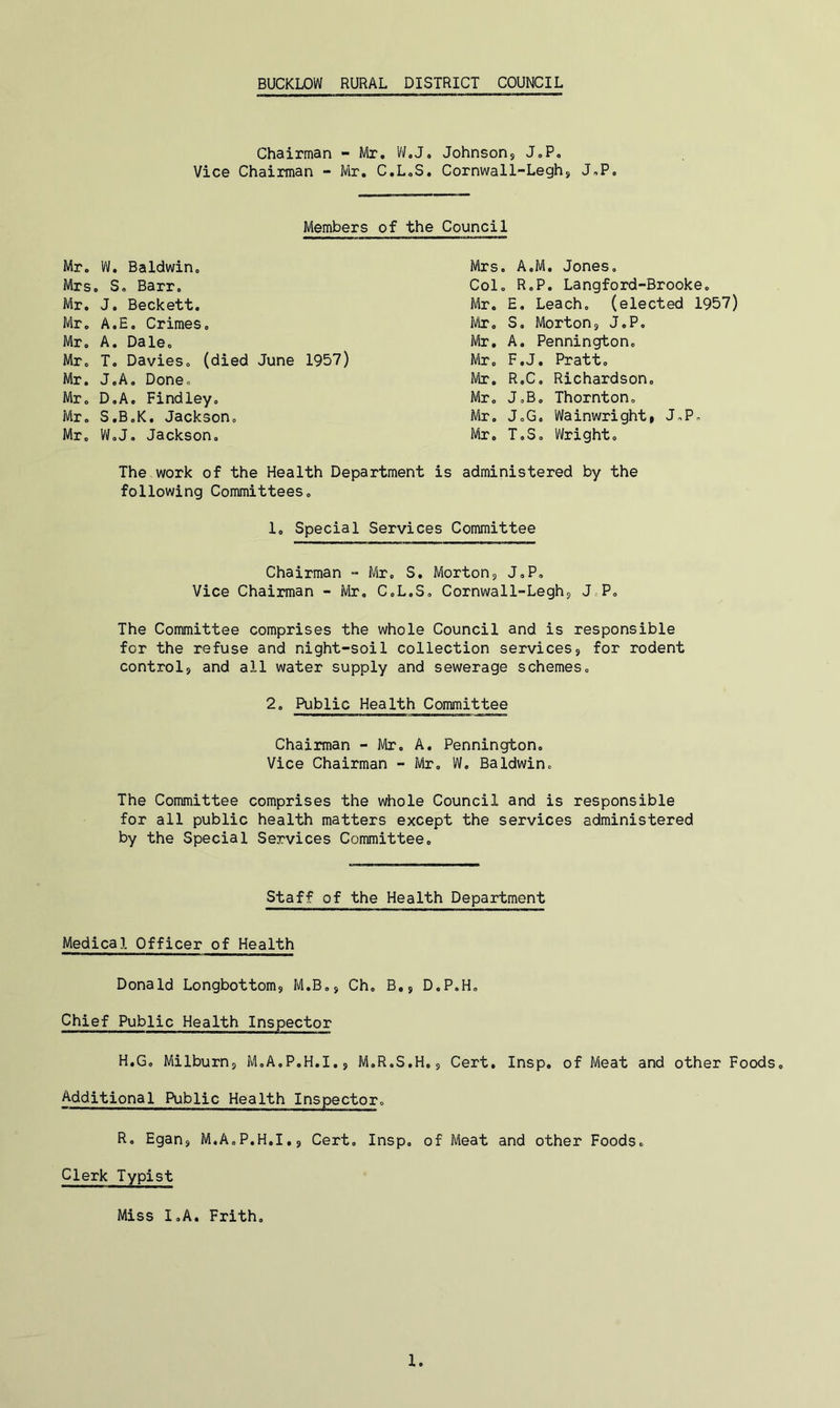 Chairman - Mr. Vi/.J, Johnsonj J.P. Vice Chairman - Mr, C.L.S. Cornwall-Leghj J.P, Members of the Council Mr. W, Baldwin. Mrs, S, Barr, Mr, J. Beckett. Mr. A.E, Crimes, Mr. A. Dale, Mr, T, Davies, (died June 1957) Mr. J.A, Done. Mr. D.A, Findley, Mr. S.B.K, Jackson, Mr, Vi/,J, Jackson, Mrs. A,M, Jones, Col. R.P. Langford-Brooke. Mr. E. Leach, (elected 1957) Mir, S, Mortons J.P, Mr, A, Pennington, Mr. F.J, Pratt. Mr. R.C. Richardson, Mr, J,B. Thornton, Mr, JoG. Wainwright, J.P, Mr, T.S. Wright, The work of the Health Department is administered by the following Committees, 1, Special Services Committee Chairman ■=• Mir, S, Morton5 J.P. Vice Chairman - Mir. C.L.S. Cornwall-Leghj J.P. The Committee comprises the whole Council and is responsible for the refuse and night-soil collection servicesj for rodent controls and all water supply and sewerage schemes, 2. Public Health Committee Chairman - Mr, A, Pennington, Vice Chairman - Mr. W. Baldwin, The Committee comprises the whole Council and is responsible for all public health matters except the services administered by the Special Services Committee. Staff of the Health Department Medical Officer of Health Donald Longbottom? M.B.j Ch, B,, D.P.H. Chief Public Health Inspector H.G, Milburns M.A.P.H.I.j M.R.S.H,s Cert, Insp, of Meat and other Foods, Additional Public Health Inspector, R, Egans M.A.P.H.I.j Cert, Insp, of Meat and other Foods, Clerk Typist Miss I.A. Frith, 1.