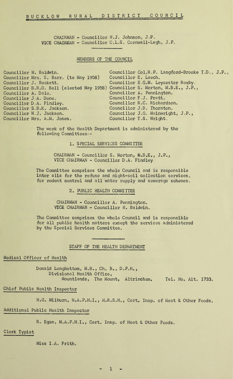 COUNCIL CHAIRMAN - Councillor W,Jo Johnson^ J,Po VICE CHAIRMAN - Councillor C,L„So Cornwall-Leghj JoP„ MEIvlBERS OF THE COUNCIL Councillor W, Baldwino Councillor MrSo S. Barr, (to May 1958) Councillor J. Beckett. Councillor B.R.O, Bell (elected May 1958) Councillor A. Dale. Councillor J.A. Done. Councillor D.A. Findley. Councillor S.B.K. Jackson. Councillor W.J, Jackson. Councillor Mrs. A.M. Jones. Councillor Councillor Councillor Councillor Councillor Councillor Councillor Councillor Councillor Councillor Col.R.P. Langford-Brooke T.D.j E. Leech, E. G.M. Leycester Roxby. S. Mortons M.B.E.s J«Ks A, Pennington. F. J. Pratt. R.C. Richardson, J.B. Thornton. J.G. Wainwrights JoP.s T. S, Wright. J.P, 5 The work of the Health Department is administered by the following Committees?“ 1. SPECIAL SERVICES COMMITTEE CHAIRMAN - Councillor S. Mortonj M.B.E.s J«P»? VICE CHAIRMAN » Councillor D.A, Findley The Committee comprises the whole Council and is responsible inter alia for the refuse and night-soil collection services3 for rodent control and all water supply and sewerage schemes. 2. PUBLIC HEALTH COMMITTEE CHAIRMAN - Councillor A, Pennington, VICE CHAIRMAN - Councillor W. Baldwin. The Committee comprises the whole Council and is responsible for all public health matters except the services administered by the Special Services Committee. STAFF OF THE HEALTH DEPARTKENT Medical Officer of Health Donald Longbottom? M.B.j Ch. B,3 D.P.H.j Divisional Health Offices Mountlandsj The Mounts Altrincham. Chief Public Health Inspector Tel, No. Alto 1733. H.G, MilburOs M.A.P.H.I.s M.R.S.H.s Cert. Insp, of Meat & Other Foods. Additional Public Health Inspector R. Egans M.A.P.H.I.s Cert. Insp. of Meat 8. Other Foods. Clerk Typist Miss I.A, Frith, 1