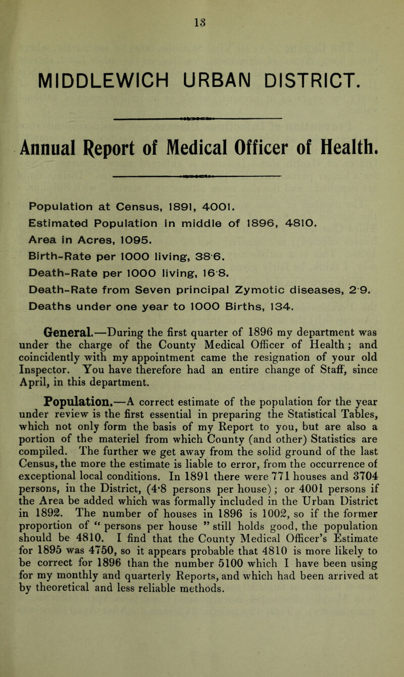 18 MIDDLEWICH URBAN DISTRICT. Annual Report of Medical Officer of Health. Population at Census, 1891, 4001. Estimated Population in middle of 1896, 4810. Area in Acres, 1095. Birth-Rate per lOOO living, 38 6. Death-Rate per lOOO living, 16-8. Death-Rate from Seven princlpai Zymotic diseases, 2 9. Deaths under one year to lOOO Births, 134. General.—During the first quarter of 1896 my department was under the charge of the County Medical Officer of Health ; and coincidently with my appointment came the resignation of your old Inspector. You have therefore had an entire change of Staff, since April, in this department. Population.—A correct estimate of the population for the year under review is the first essential in preparing the Statistical Tables, which not only form the basis of my Report to you, but are also a portion of the materiel from which County (and other) Statistics are compiled. The further we get away from the solid ground of the last Census, the more the estimate is liable to error, from the occurrence of exceptional local conditions. In 1891 there were 771 houses and 8704 persons, in the District, (4*8 persons per house); or 4001 persons if the Area be added which was formally included in the Urban District in 1892. The number of houses in 1896 is 1002, so if the former proportion of “ persons per house ” still holds good, the population should be 4810. I find that the County Medical Officer’s Estimate for 1895 was 4750, so it appears probable that 4810 is more likely to be correct for 1896 than the number 5100 which I have been using for my monthly and quarterly Reports, and which had been arrived at by theoretical and less reliable methods.